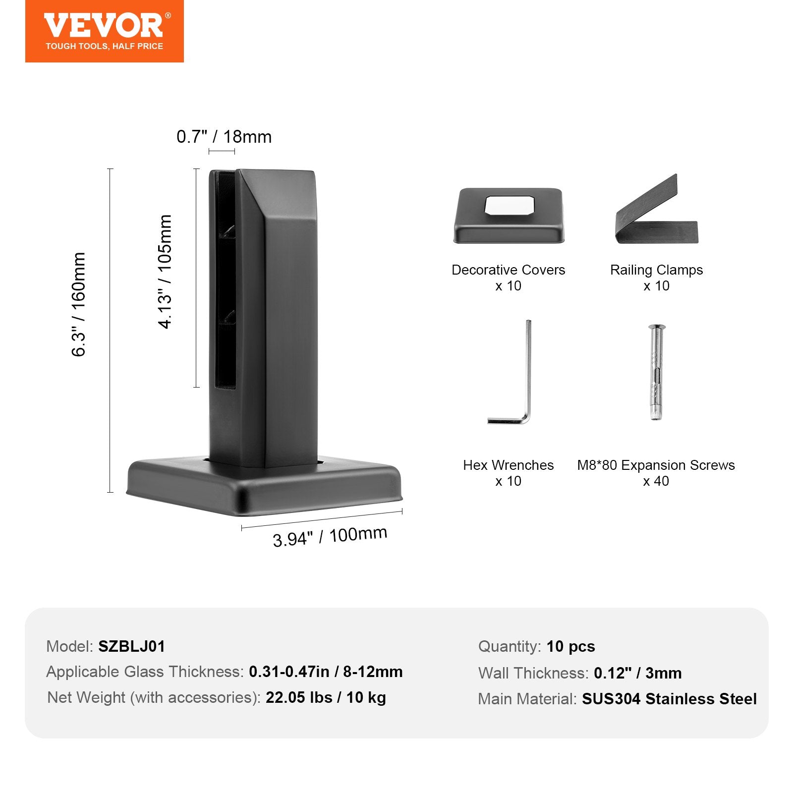 Glass Clamp, 10 PCS Square Glass Railing Bracket for 0.31 "-0.47 " Tempered Glass, 304 Stainless Steel Glass V952-BLLGJHSFXPT1QW8PAV0