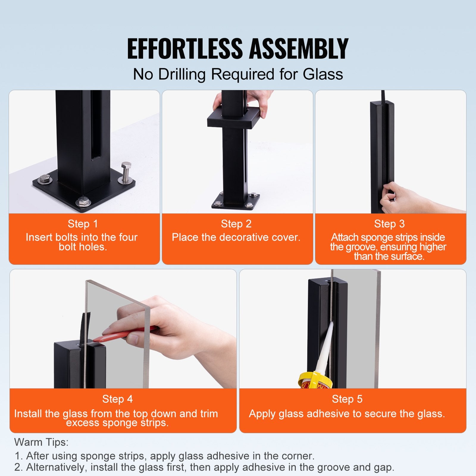 Glass Clamp, 41.34" Height Glass Railing Bracket for 0.39 "-0.47 " Thickness Tempered Glass, 304 Stainless V952-BLLGZHS105CM0PM4VV0
