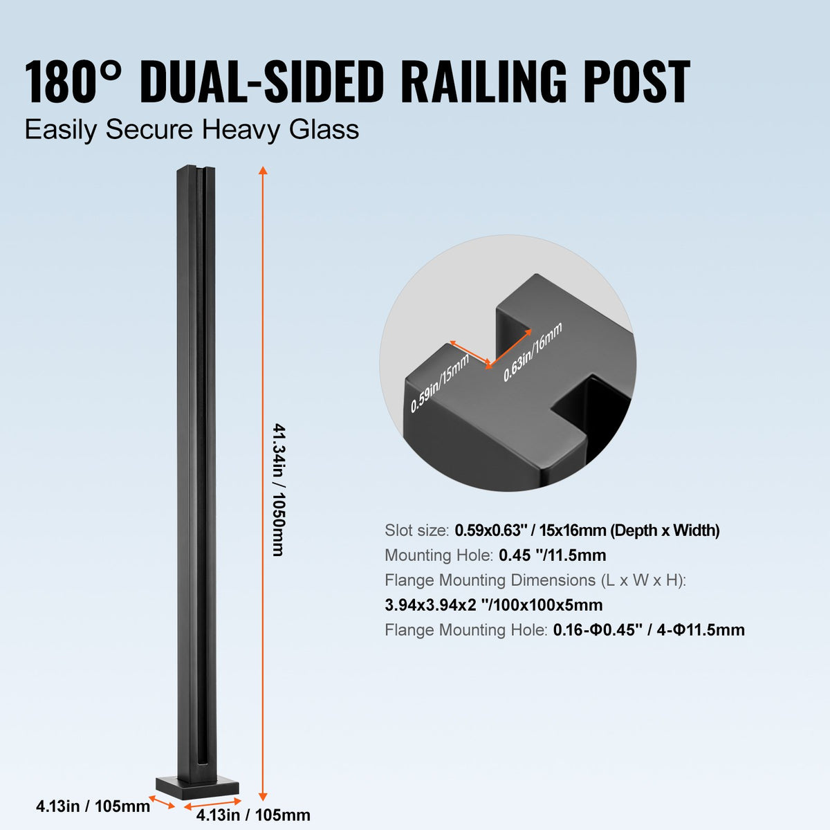 Glass Clamp, 41.34" Height Glass Railing Bracket for 0.39 "-0.47 " Thickness Tempered Glass, 304 Stainless V952-BLLGZHS105CM0PM4VV0