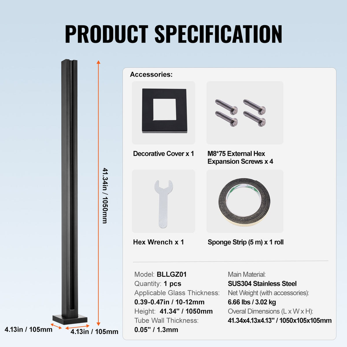 Glass Clamp, 41.34" Height Glass Railing Bracket for 0.39 "-0.47 " Thickness Tempered Glass, 304 Stainless V952-BLLGZHS105CM0PM4VV0