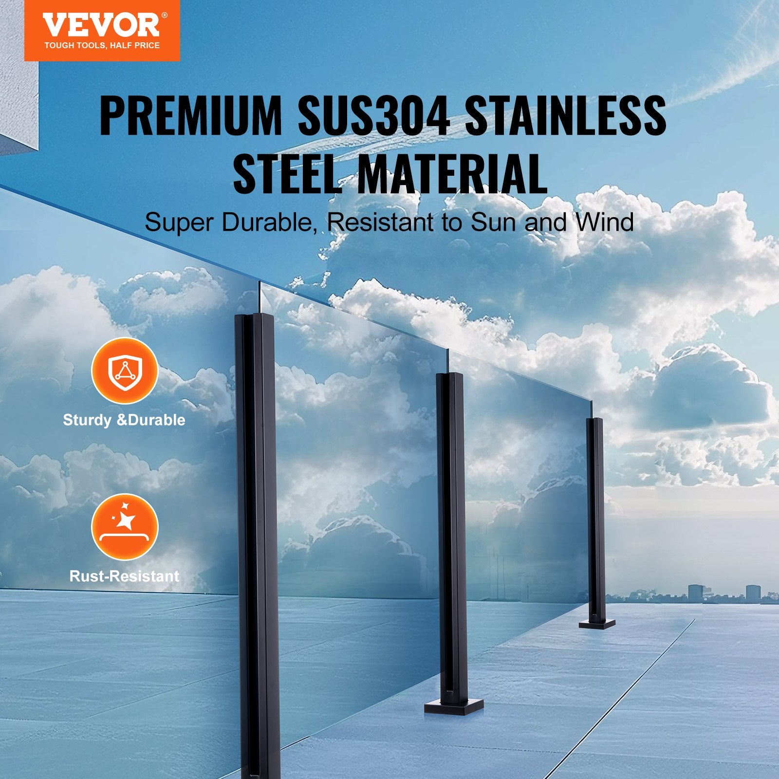 Glass Clamp 37.4" H Railing Bracket for 0.39 "-0.47 " Glass Black Black V952-BLLGZHS95CM1MKWL1V0