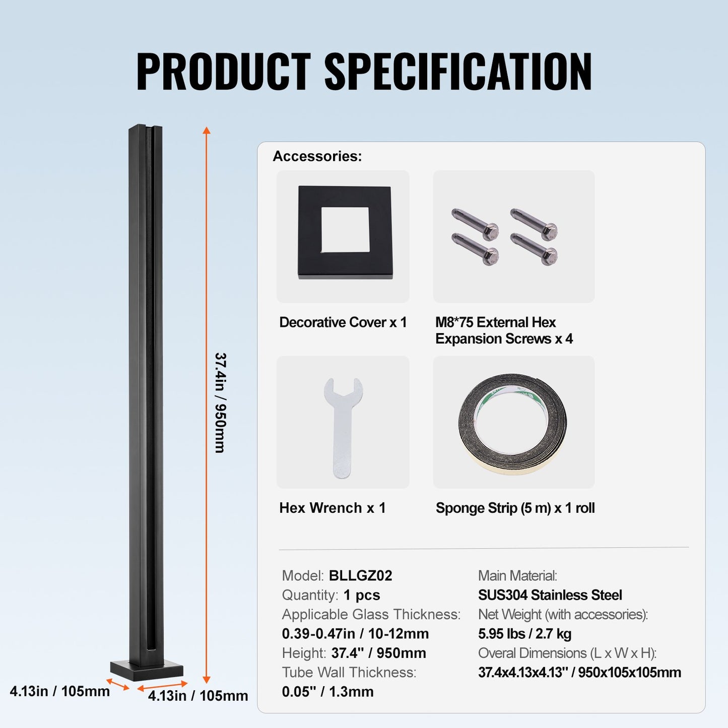 Glass Clamp 37.4" H Railing Bracket for 0.39 "-0.47 " Glass Black Black V952-BLLGZHS95CM1MKWL1V0