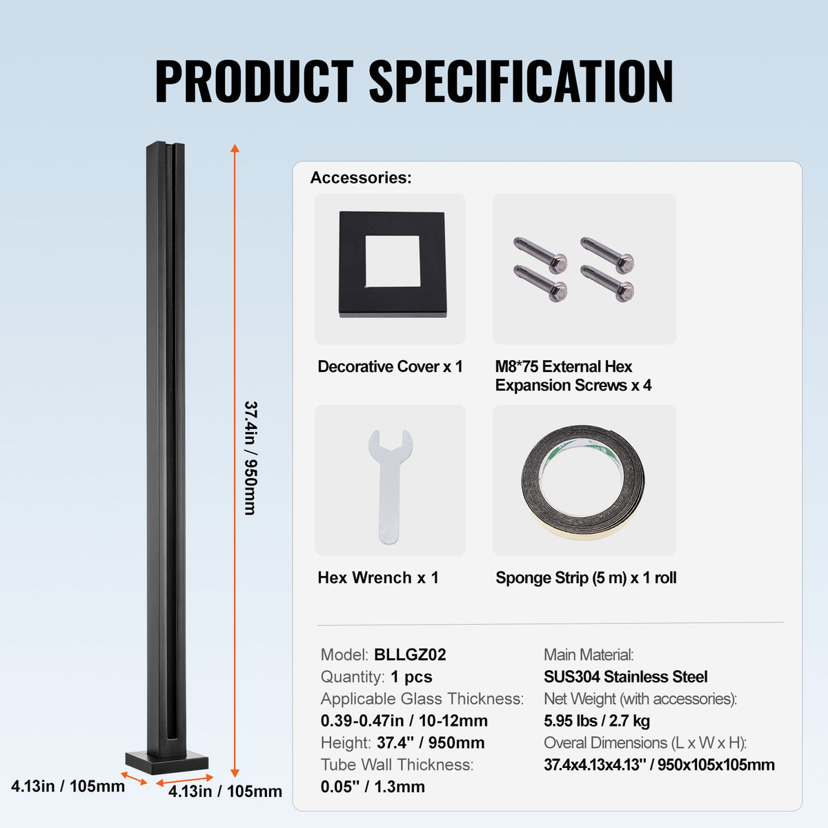 Glass Clamp 37.4" H Railing Bracket for 0.39 "-0.47 " Glass Black Black V952-BLLGZHS95CM1MKWL1V0
