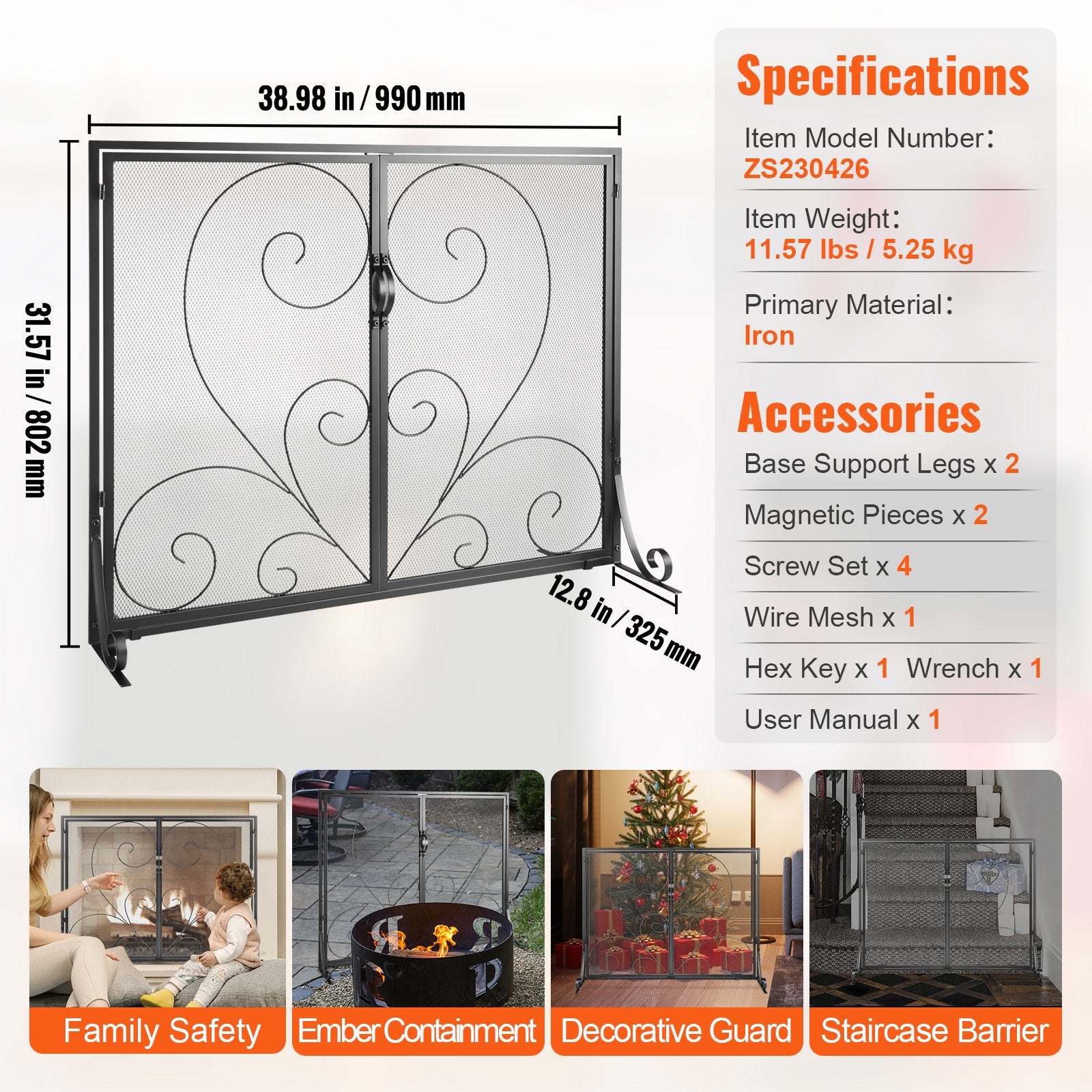 990x802MM Fireplace Screen 2-Panel Iron Mesh Spark Guard Vintage Black V952-BLMHSFG3545I88ME6V0