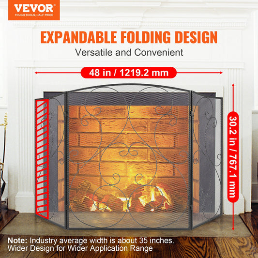 Fireplace Screen 3 Panel, Sturdy Iron Mesh Fireplace Screen, 122(L)x76.7(H)CM Spark Guard Cover, No Assembly V952-BLMHSFG4555I9GTXEV0
