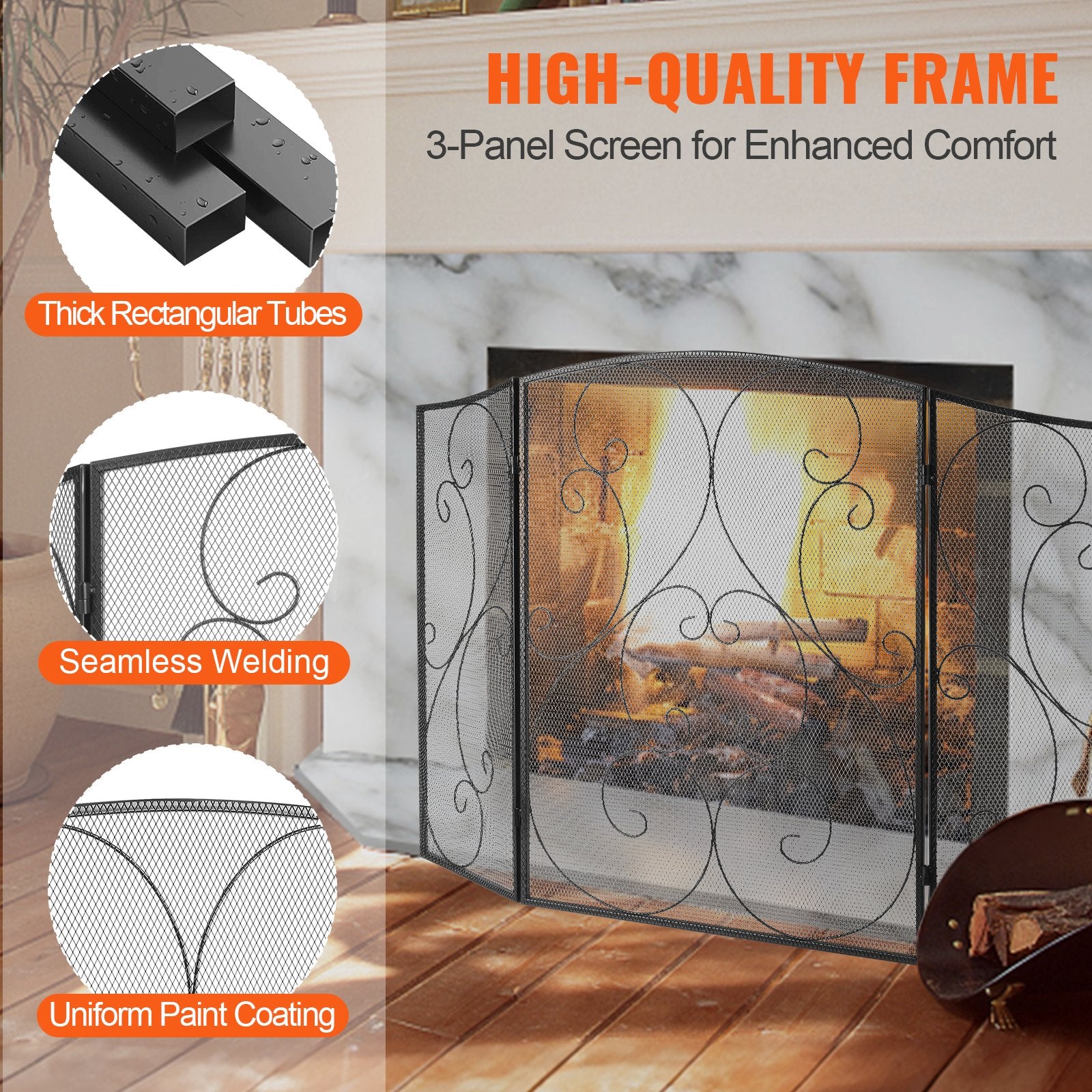 Fireplace Screen 3 Panel, Sturdy Iron Mesh Fireplace Screen, 122(L)x76.7(H)CM Spark Guard Cover, No Assembly V952-BLMHSFG4555I9GTXEV0