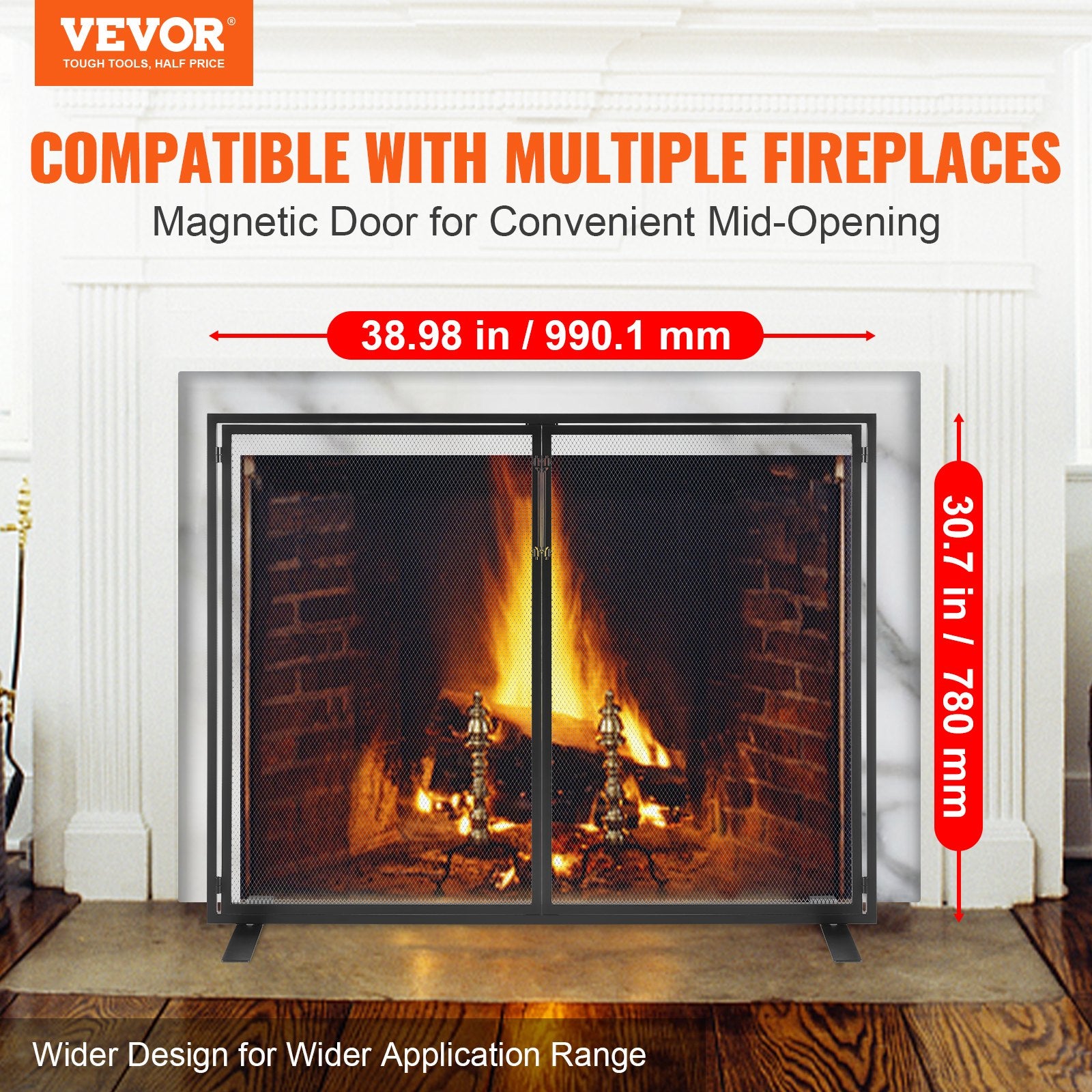 Fireplace Screen 1 Panel with Door, Sturdy Iron Mesh Fireplace Screen, 990(L) x780(H)MM Spark Guard Cover, V952-BLMHSJY3545I44JO4V0