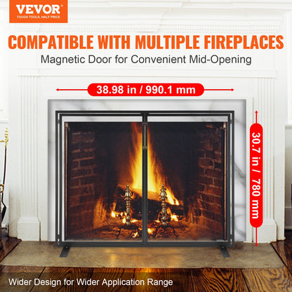 Fireplace Screen 1 Panel with Door, Sturdy Iron Mesh Fireplace Screen, 990(L) x780(H)MM Spark Guard Cover, V952-BLMHSJY3545I44JO4V0