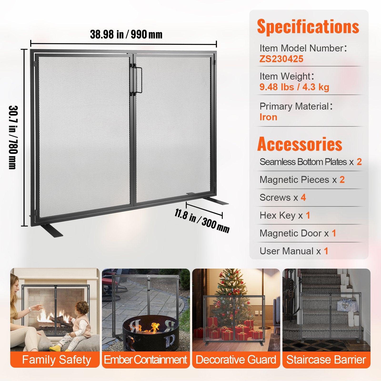 Fireplace Screen 1 Panel with Door, Sturdy Iron Mesh Fireplace Screen, 990(L) x780(H)MM Spark Guard Cover, V952-BLMHSJY3545I44JO4V0