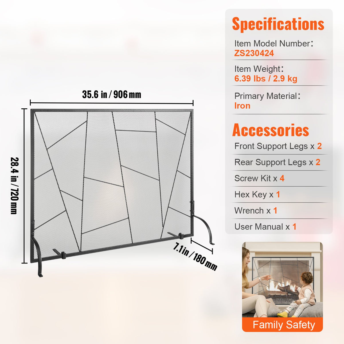 Fireplace Screen Single Panel, Sturdy Iron Mesh Fireplace Screen, 906(L) x720(H)MM Spark Guard Cover, Simple V952-BLMHSJY3545I7H0S1V0