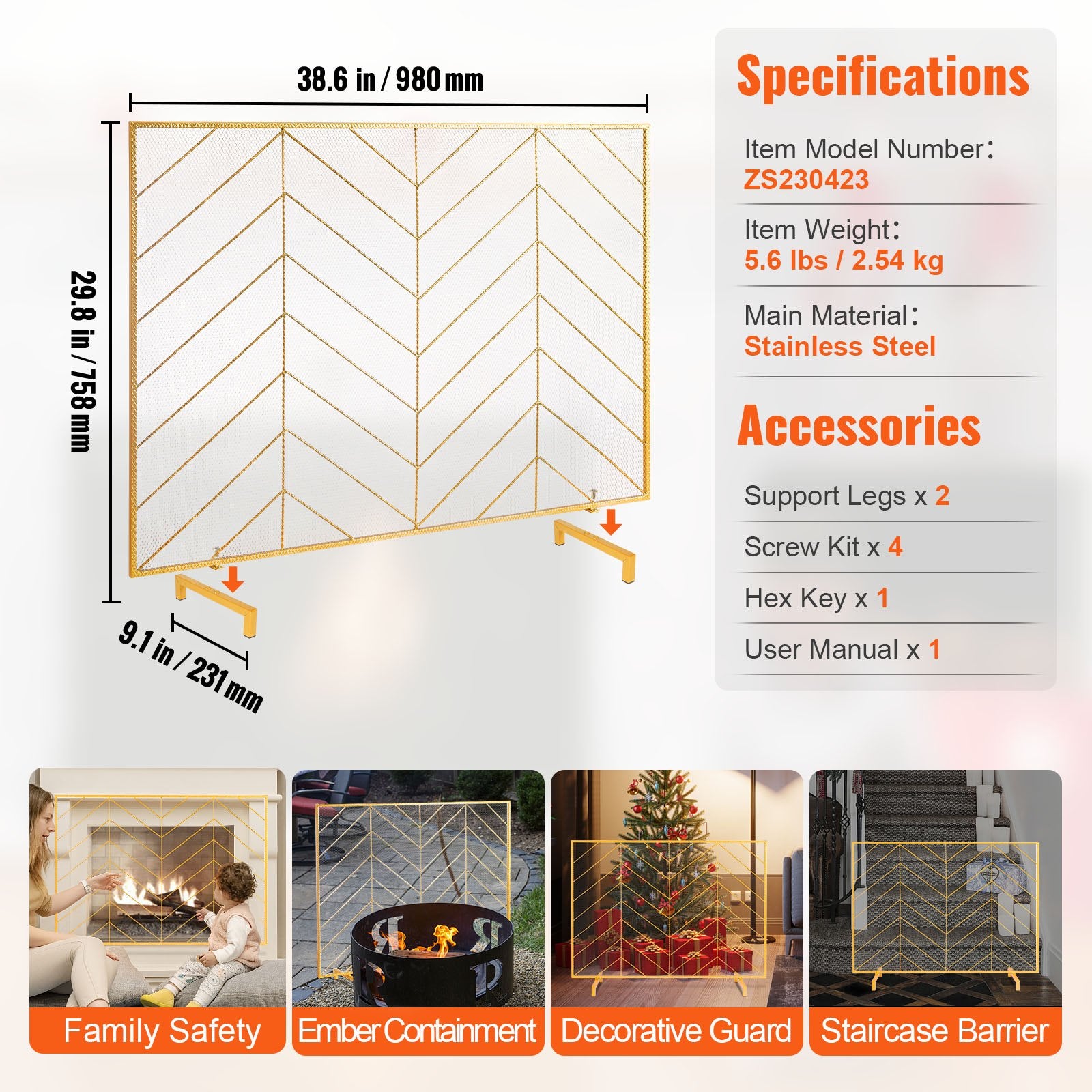 980x758MM Fireplace Screen 1-Panel Iron Mesh Spark Guard Modern Gold V952-BLMJSJY3545IAWNY0V0