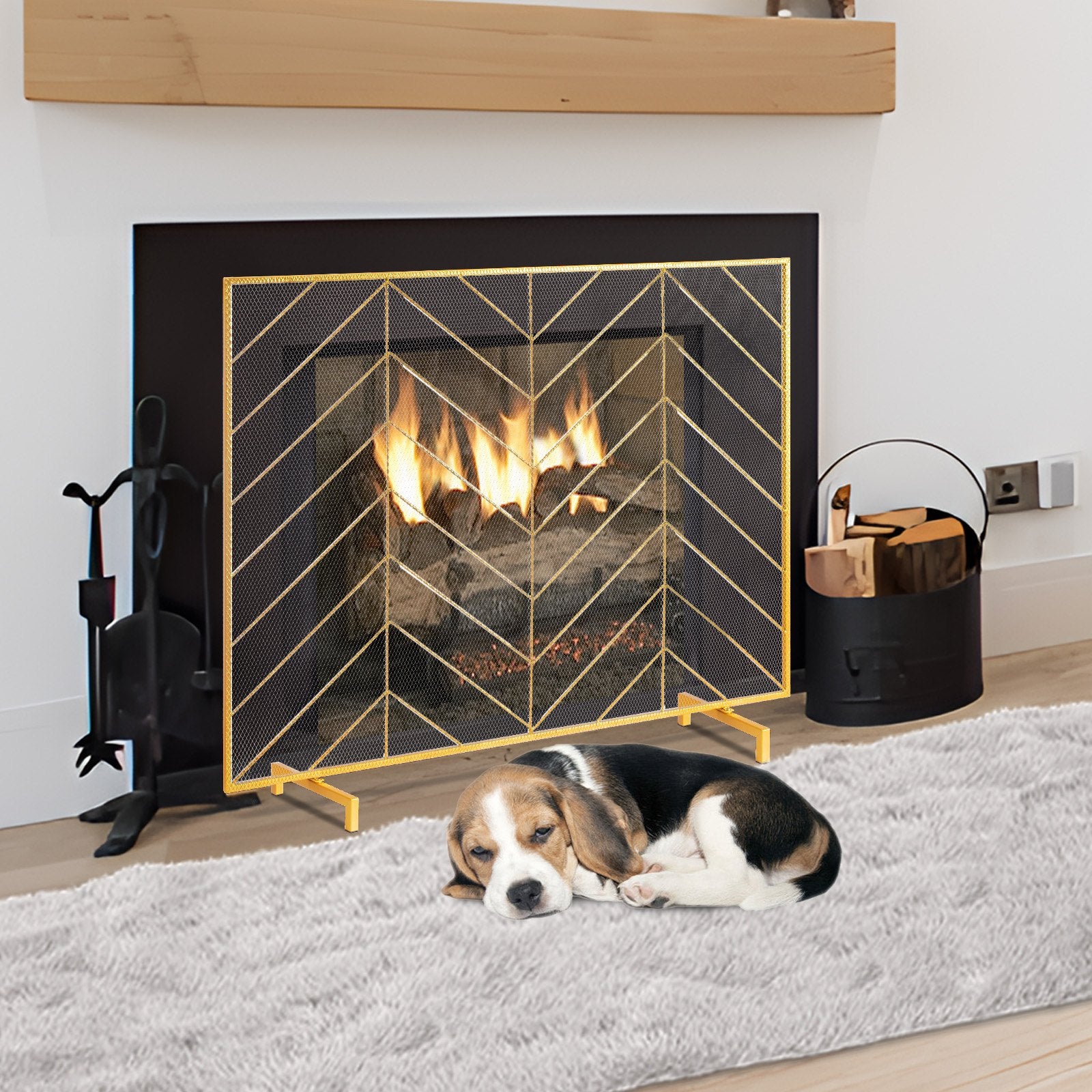 980x758MM Fireplace Screen 1-Panel Iron Mesh Spark Guard Modern Gold V952-BLMJSJY3545IAWNY0V0
