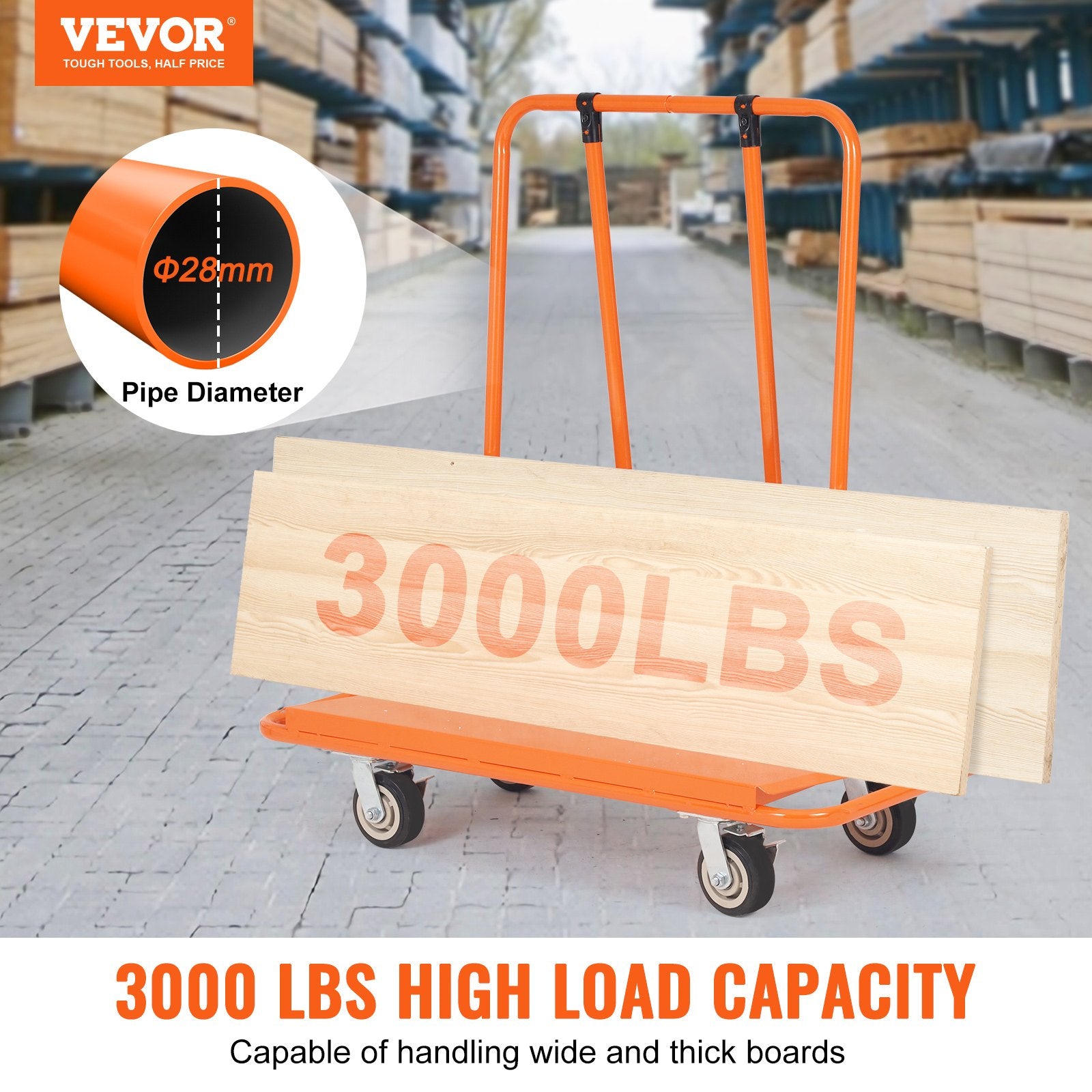 Drywall Cart, 3000 LBS Panel Dolly Cart with 45.28" x 21.8" Deck and 5" Swivel Wheels, Heavy-Duty Drywall V952-BLTCDGS000008IV4SV0