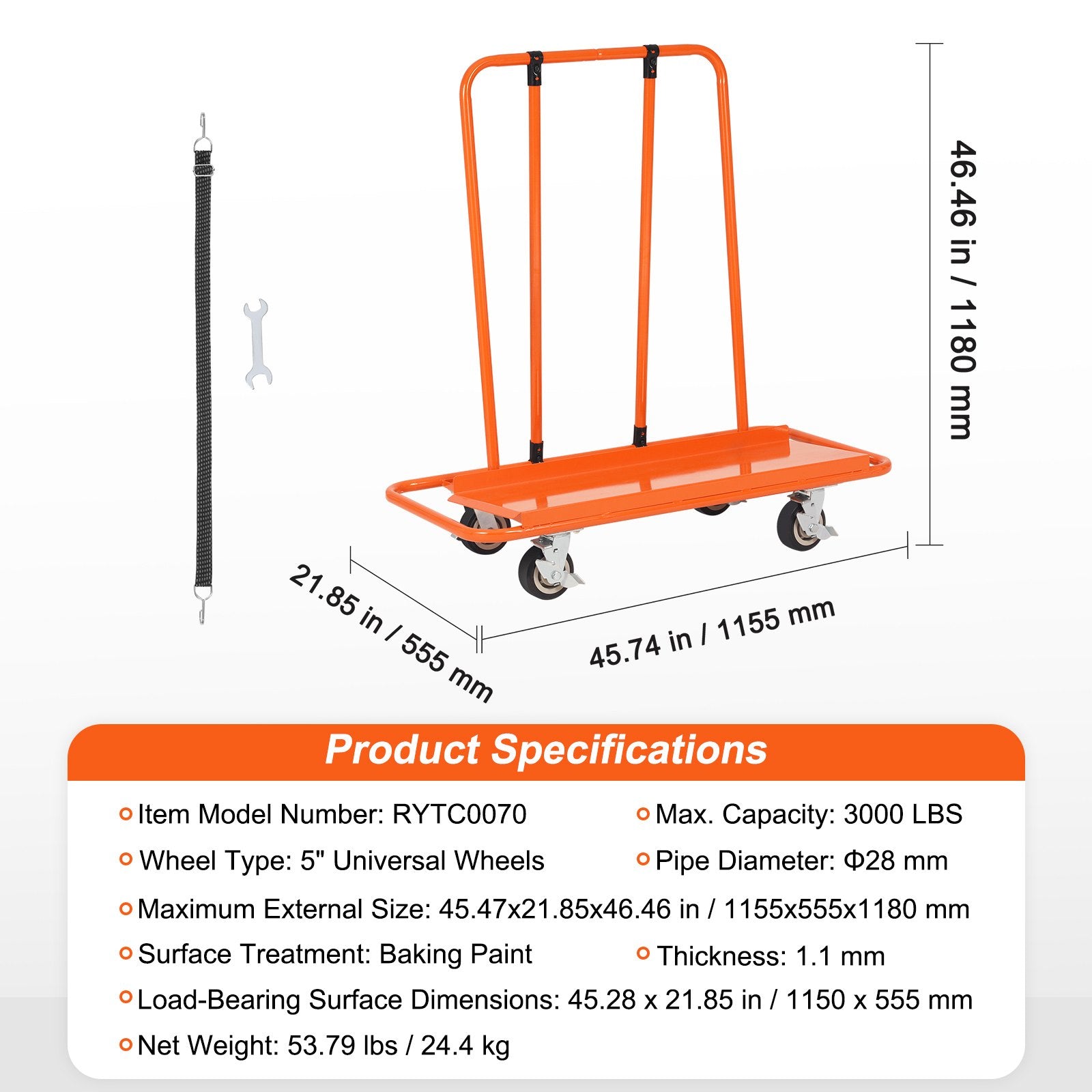 Drywall Cart, 3000 LBS Panel Dolly Cart with 45.28" x 21.8" Deck and 5" Swivel Wheels, Heavy-Duty Drywall V952-BLTCDGS000008IV4SV0