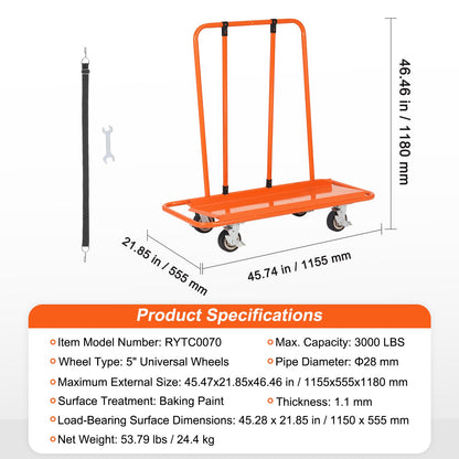 Drywall Cart, 3000 LBS Panel Dolly Cart with 45.28" x 21.8" Deck and 5" Swivel Wheels, Heavy-Duty Drywall V952-BLTCDGS000008IV4SV0