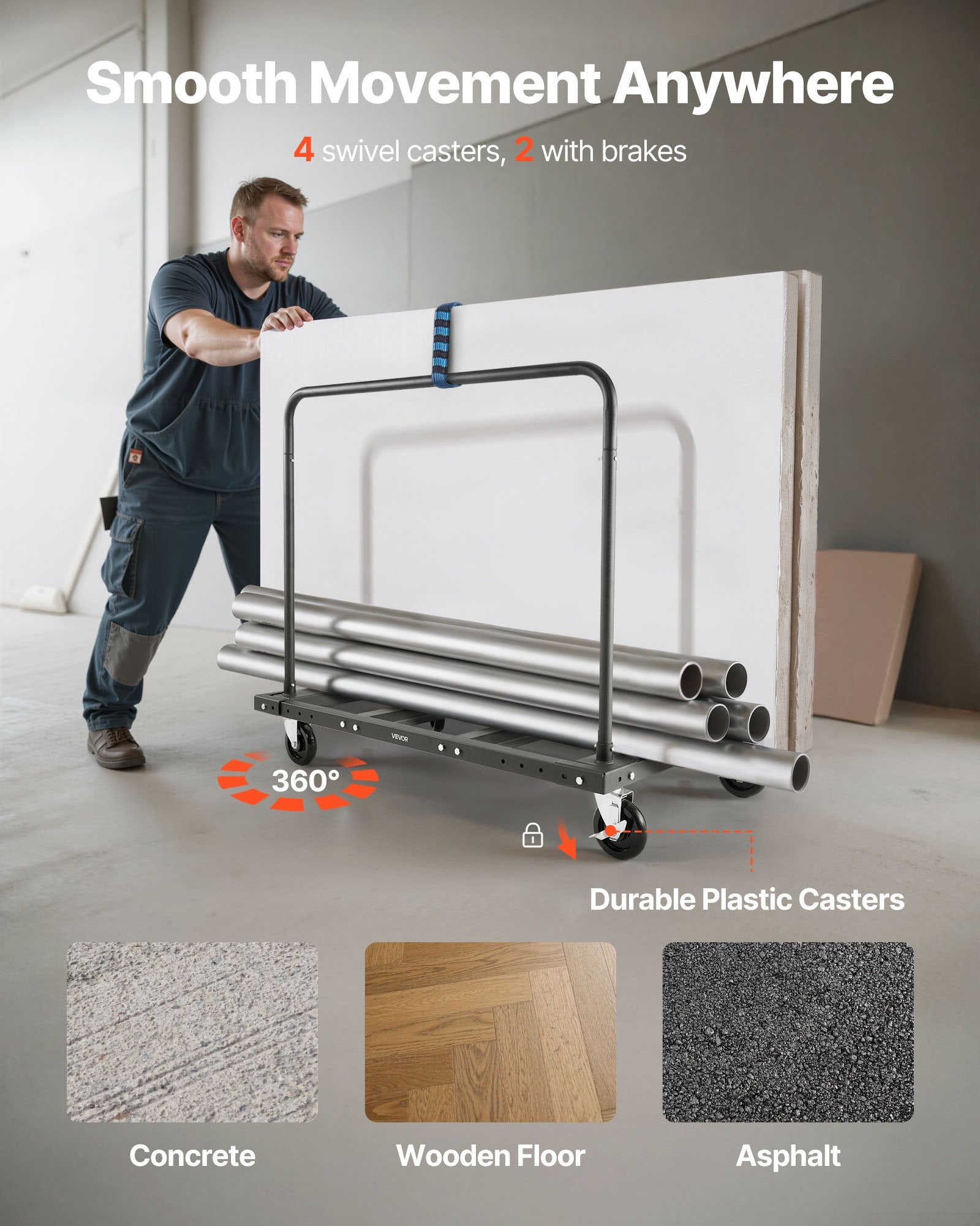 Drywall Cart Dolly, 816 kg Load Capacity, Steel Panel Truck Cart with 12.5 mm Swivel Casters, Lumber Drywall V952-BLTCHJGSGSBKHDXOC001V0