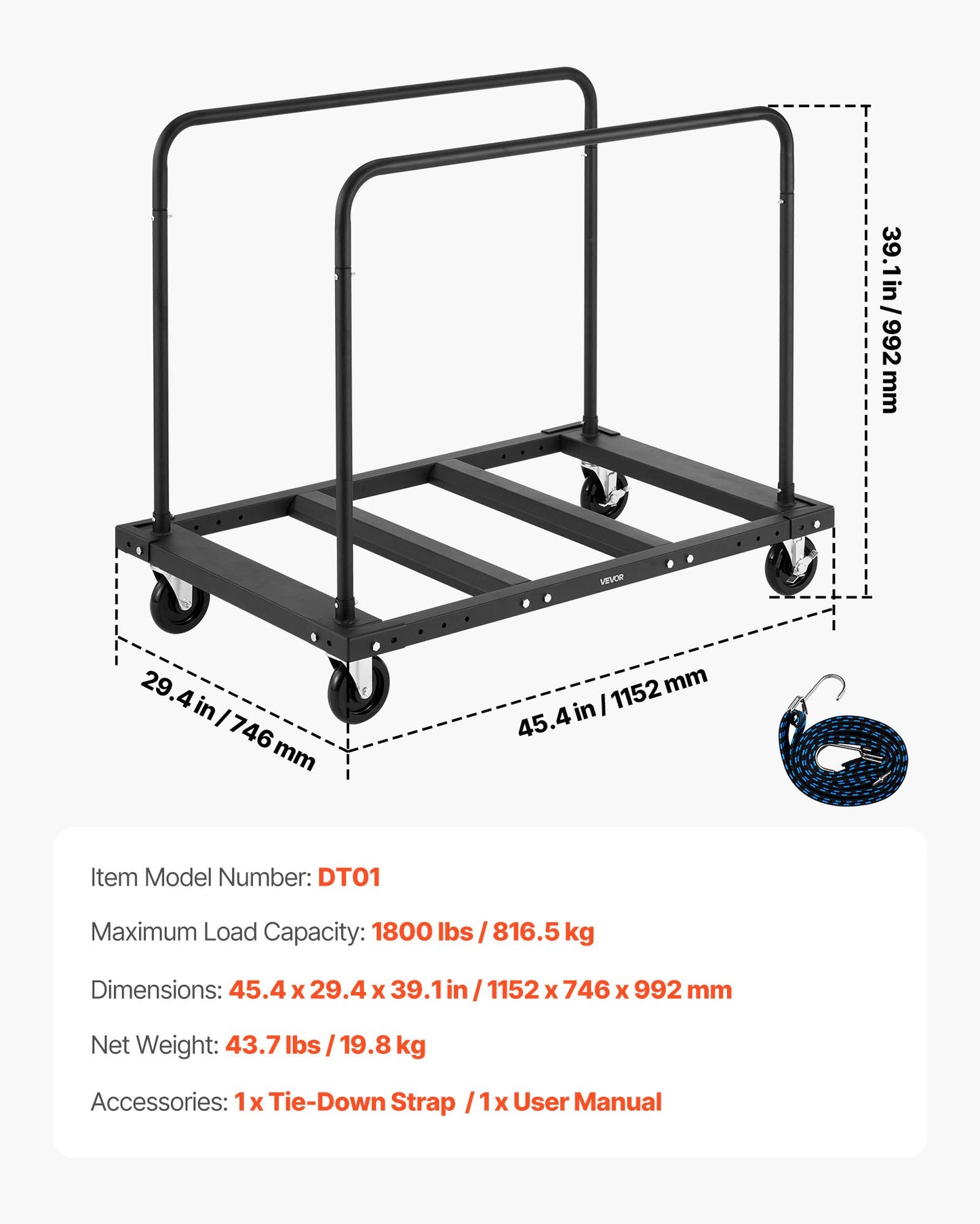 Drywall Cart Dolly, 816 kg Load Capacity, Steel Panel Truck Cart with 12.5 mm Swivel Casters, Lumber Drywall V952-BLTCHJGSGSBKHDXOC001V0