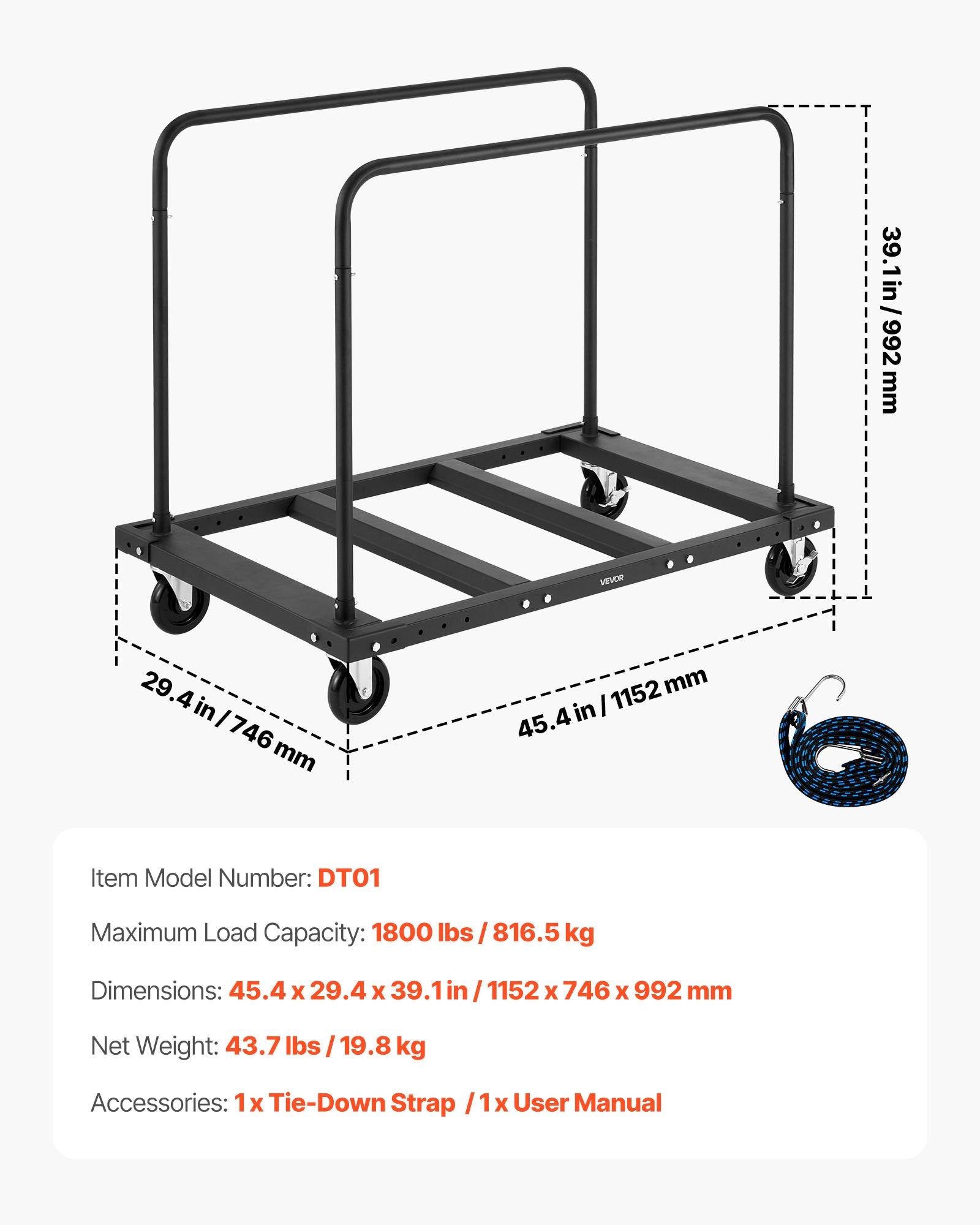Drywall Cart Dolly, 816 kg Load Capacity, Steel Panel Truck Cart with 12.5 mm Swivel Casters, Lumber Drywall V952-BLTCHJGSGSBKHDXOC001V0