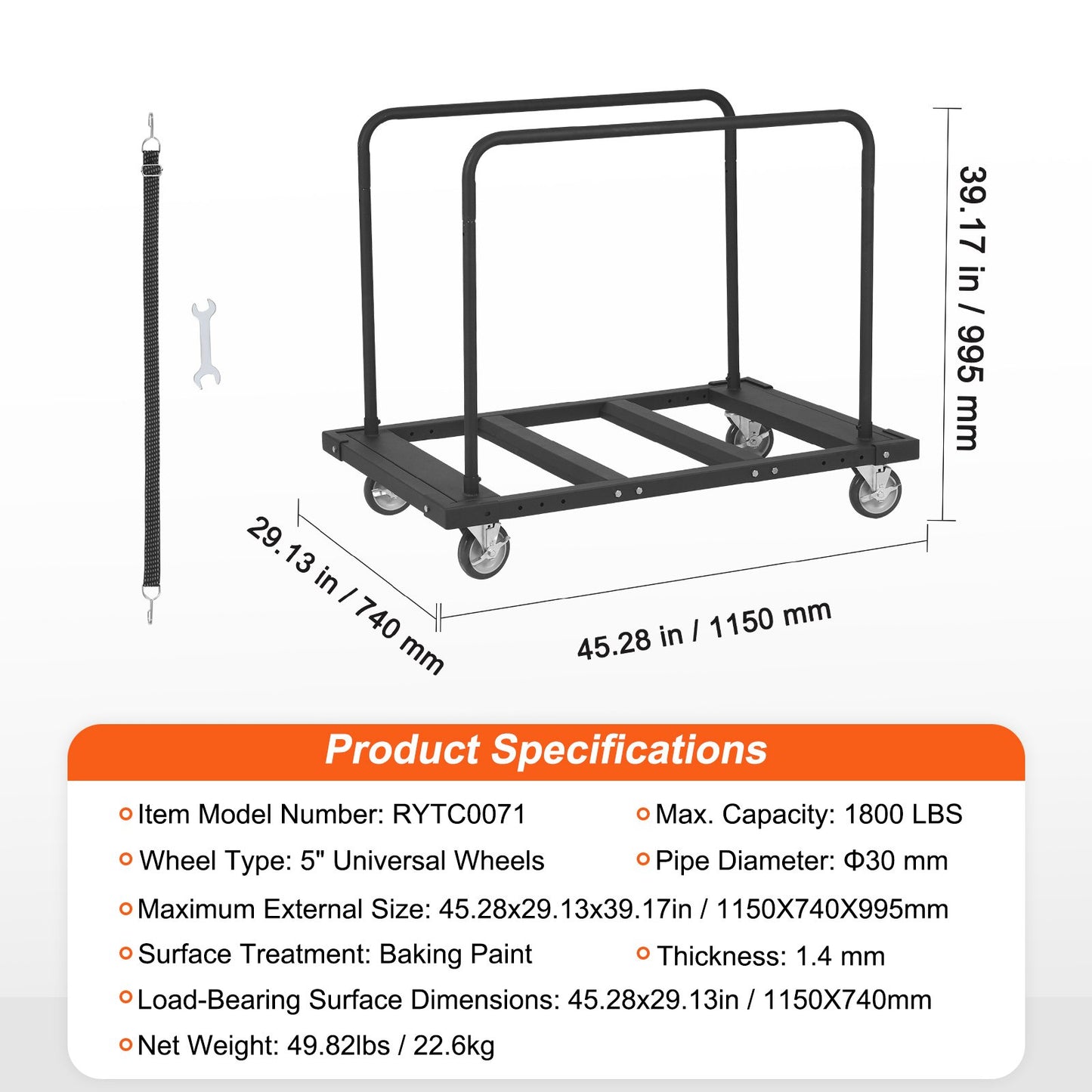 Drywall Cart, 1800 LBS Panel Dolly Cart with 45.28" x 29.13" Deck and 5" Swivel Wheels, Heavy-Duty Drywall V952-BLTCSGS00000FF996V0