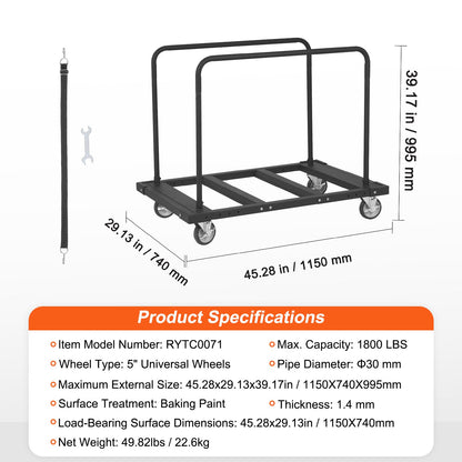 Drywall Cart, 1800 LBS Panel Dolly Cart with 45.28" x 29.13" Deck and 5" Swivel Wheels, Heavy-Duty Drywall V952-BLTCSGS00000FF996V0