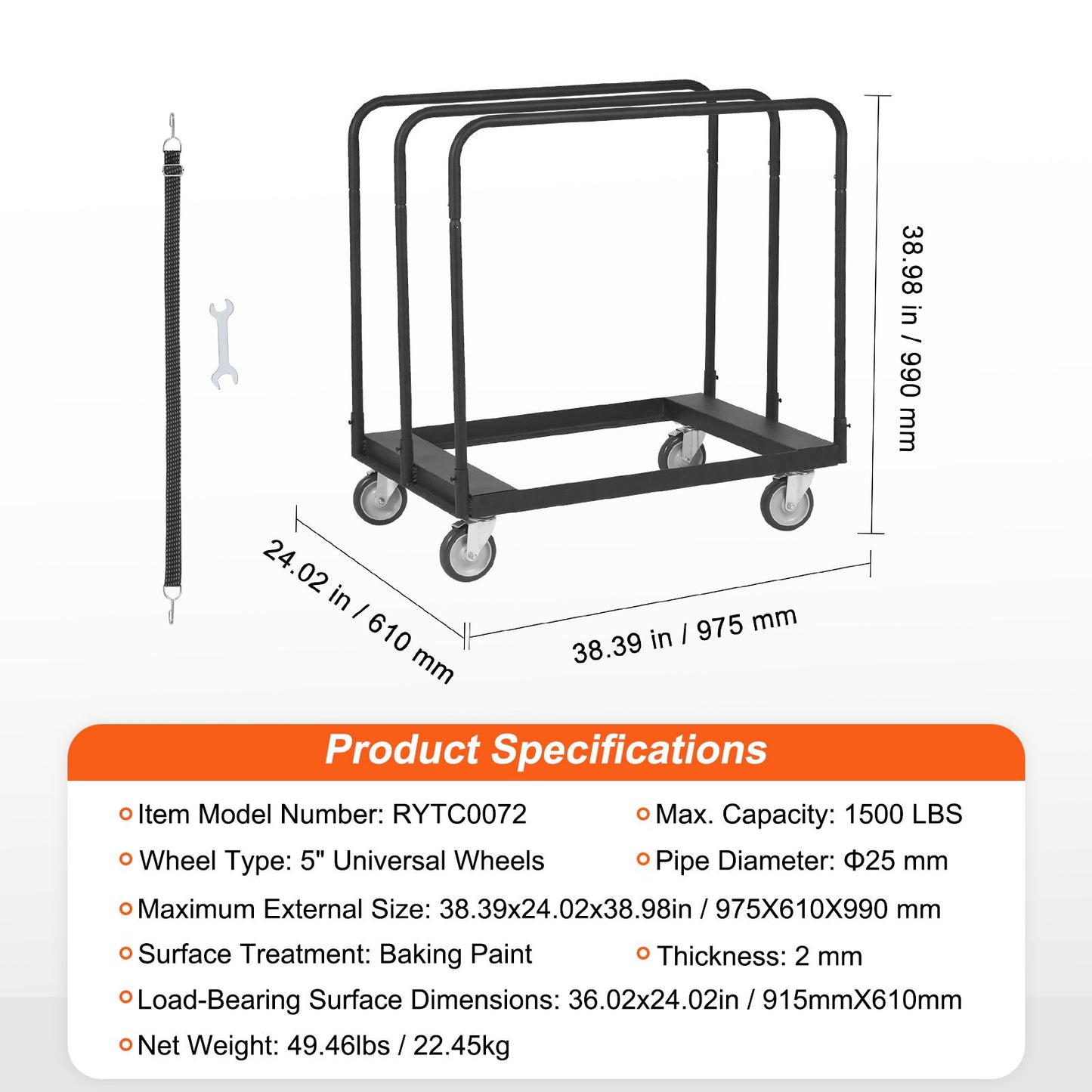 Drywall Cart, 1500 LBS Panel Dolly Cart with 36.02" x 24.02" Deck and 5" Swivel Wheels, Heavy-Duty Drywall V952-BLTCSGS00000TGDDOV0