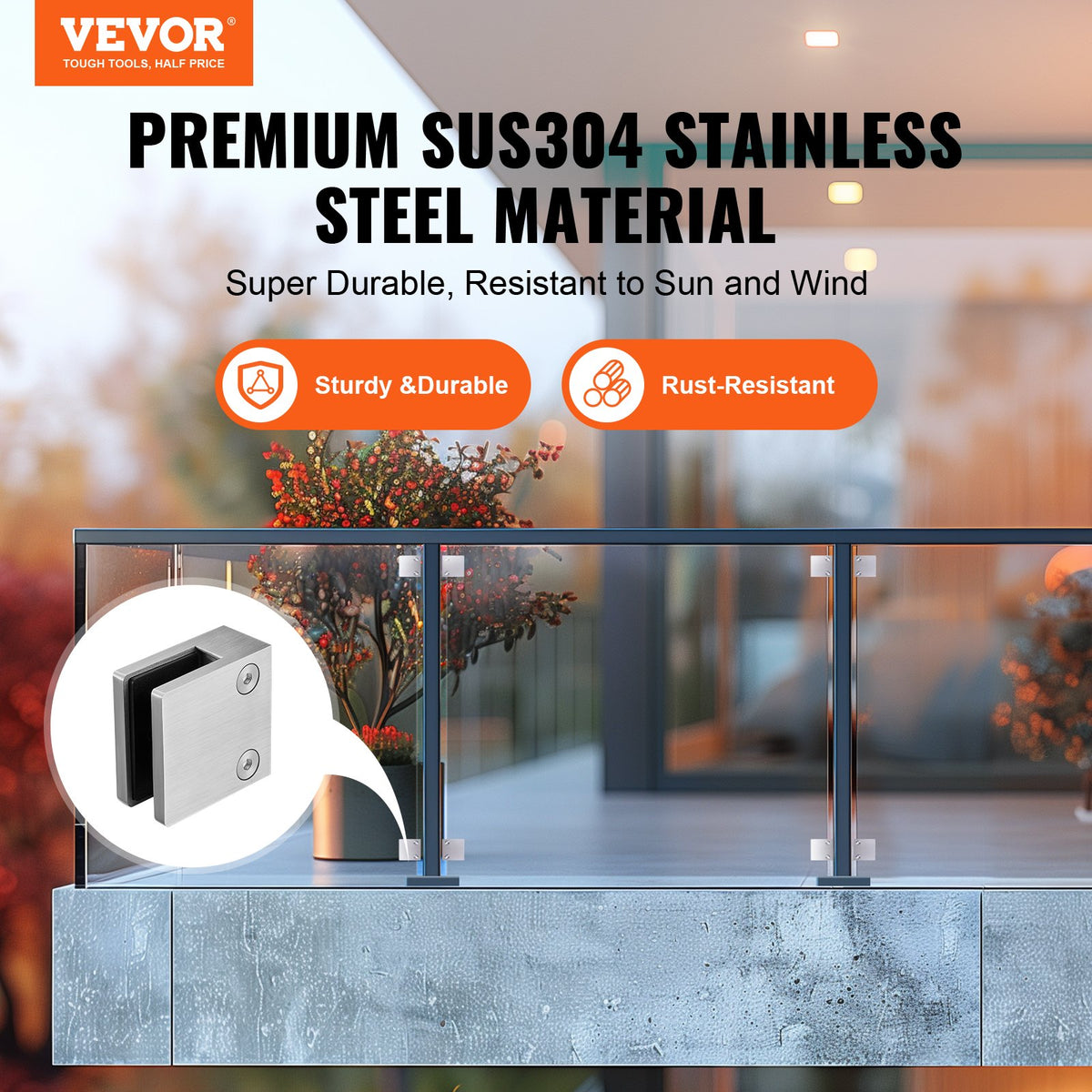 Glass Clamp, 4 PCS Square Glass Railing Bracket for 0.31 "-0.47 " Tempered Glass, 304 Stainless Steel Glass V952-BLZJYSFX4PCSB3QG6V0
