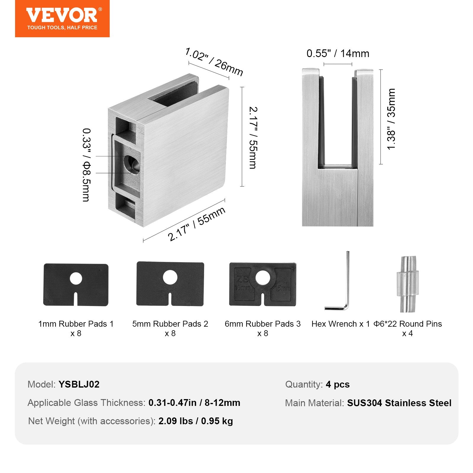 Glass Clamp, 4 PCS Square Glass Railing Bracket for 0.31 "-0.47 " Tempered Glass, 304 Stainless Steel Glass V952-BLZJYSFX4PCSB3QG6V0