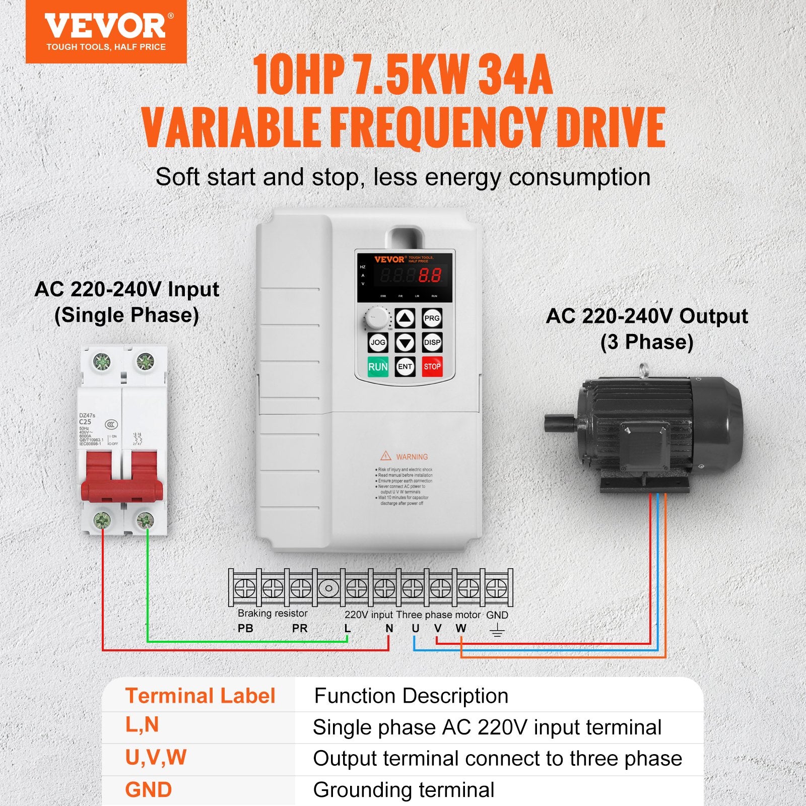 VFD 10HP, 7.5KW, 34A, 1 Phase 220V-240V Input to 3 Phase 220V-240V Output Variable Frequency Drive, 0-400Hz V952-BPDSQ10HP0005U6U2V7