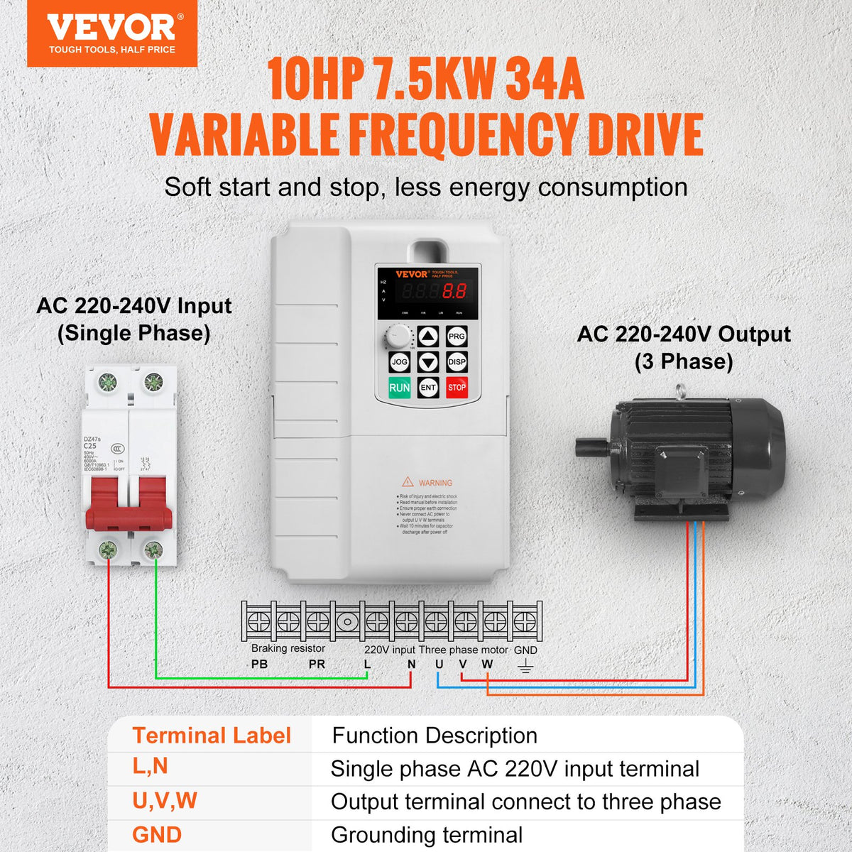 VFD 10HP, 7.5KW, 34A, 1 Phase 220V-240V Input to 3 Phase 220V-240V Output Variable Frequency Drive, 0-400Hz V952-BPDSQ10HP0005U6U2V7