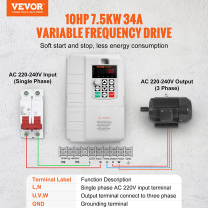 VFD 10HP, 7.5KW, 34A, 1 Phase 220V-240V Input to 3 Phase 220V-240V Output Variable Frequency Drive, 0-400Hz V952-BPDSQ10HP0005U6U2V7