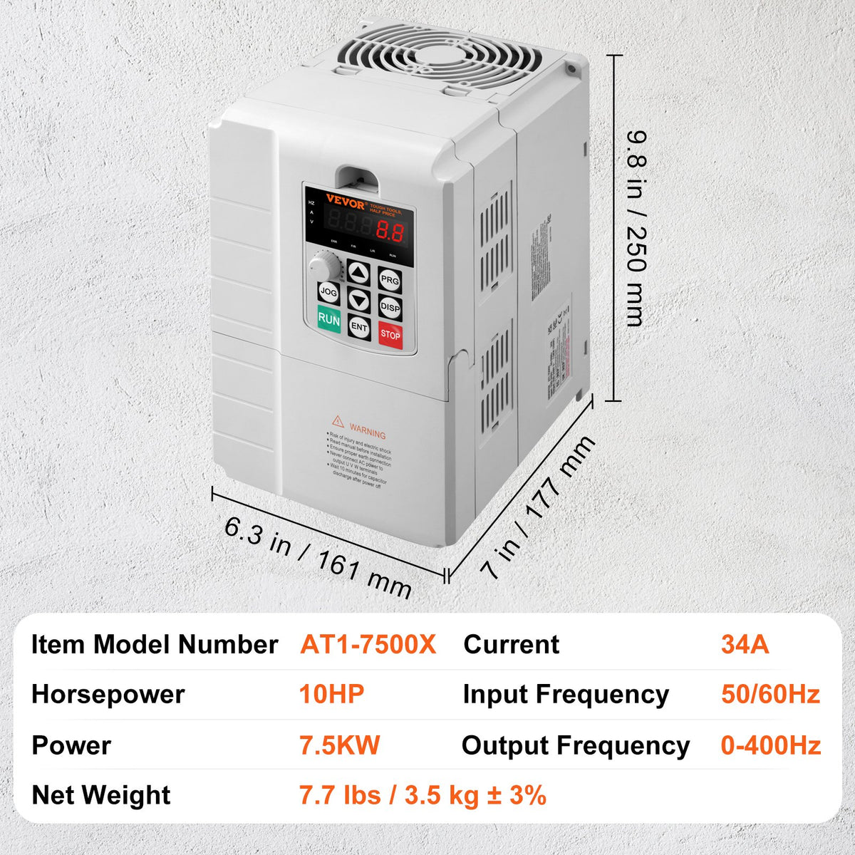 VFD 10HP, 7.5KW, 34A, 1 Phase 220V-240V Input to 3 Phase 220V-240V Output Variable Frequency Drive, 0-400Hz V952-BPDSQ10HP0005U6U2V7