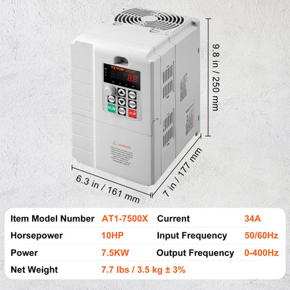 VFD 10HP, 7.5KW, 34A, 1 Phase 220V-240V Input to 3 Phase 220V-240V Output Variable Frequency Drive, 0-400Hz V952-BPDSQ10HP0005U6U2V7
