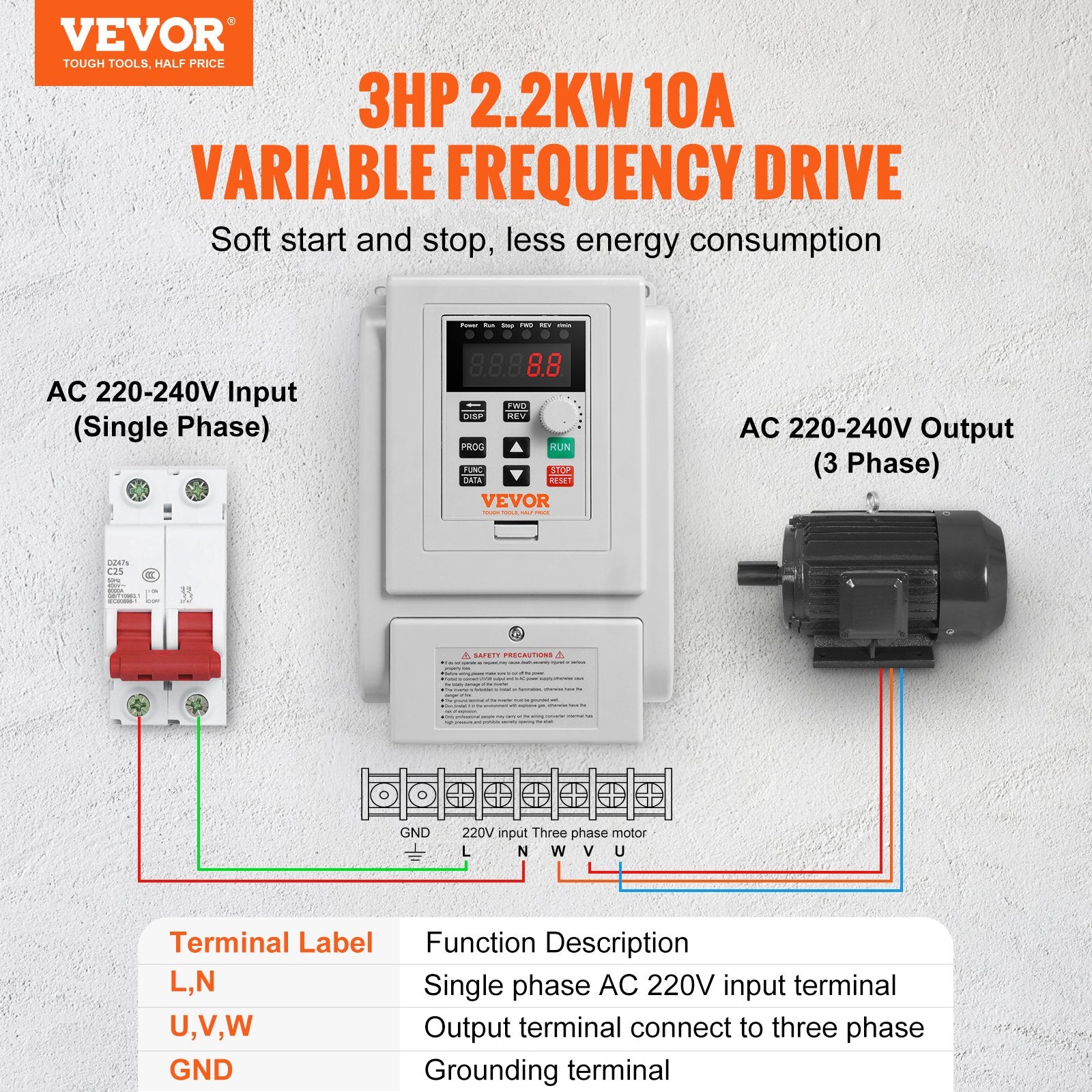 VFD 2.2KW 10A 3HP Variable Frequency Drive for 3-Phase Motor Speed Control V952-BPDSQ3HP0000FEVFCV7