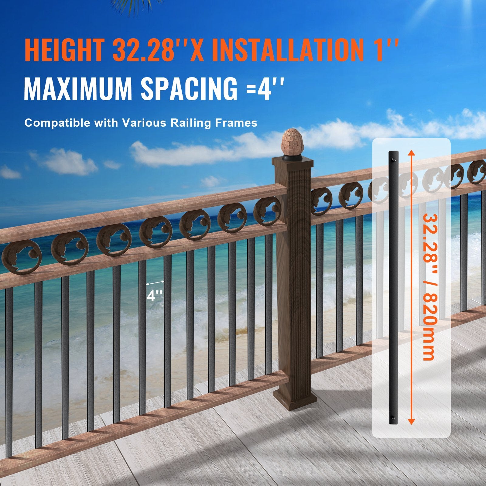 Staircase Metal Balusters, 32.28"x1"x0.2" Flat Aluminum Alloy Decorative Banister Spindles, 51 Pack Deck V952-BPKLGZ51G322DLHBFV0