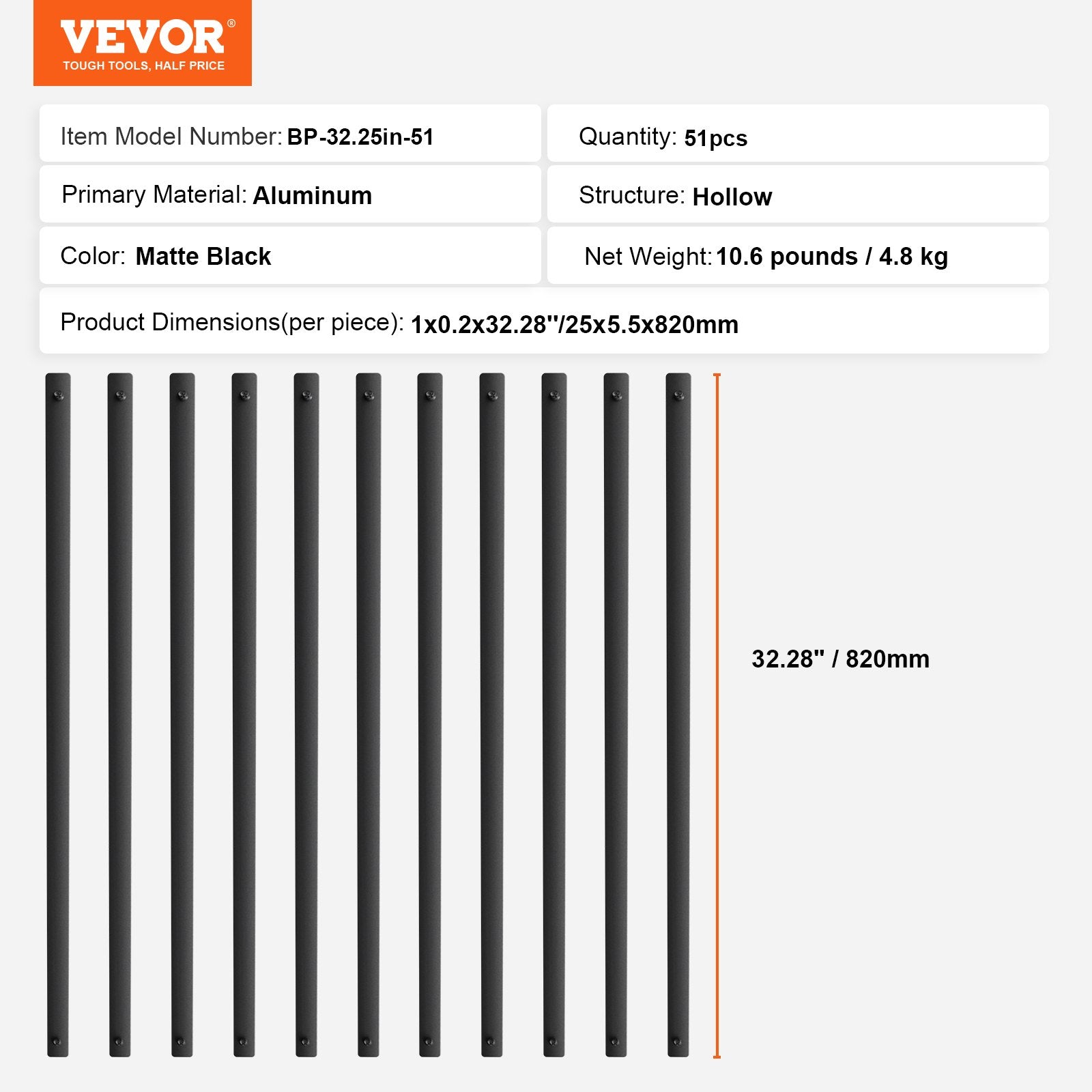Staircase Metal Balusters, 32.28"x1"x0.2" Flat Aluminum Alloy Decorative Banister Spindles, 51 Pack Deck V952-BPKLGZ51G322DLHBFV0