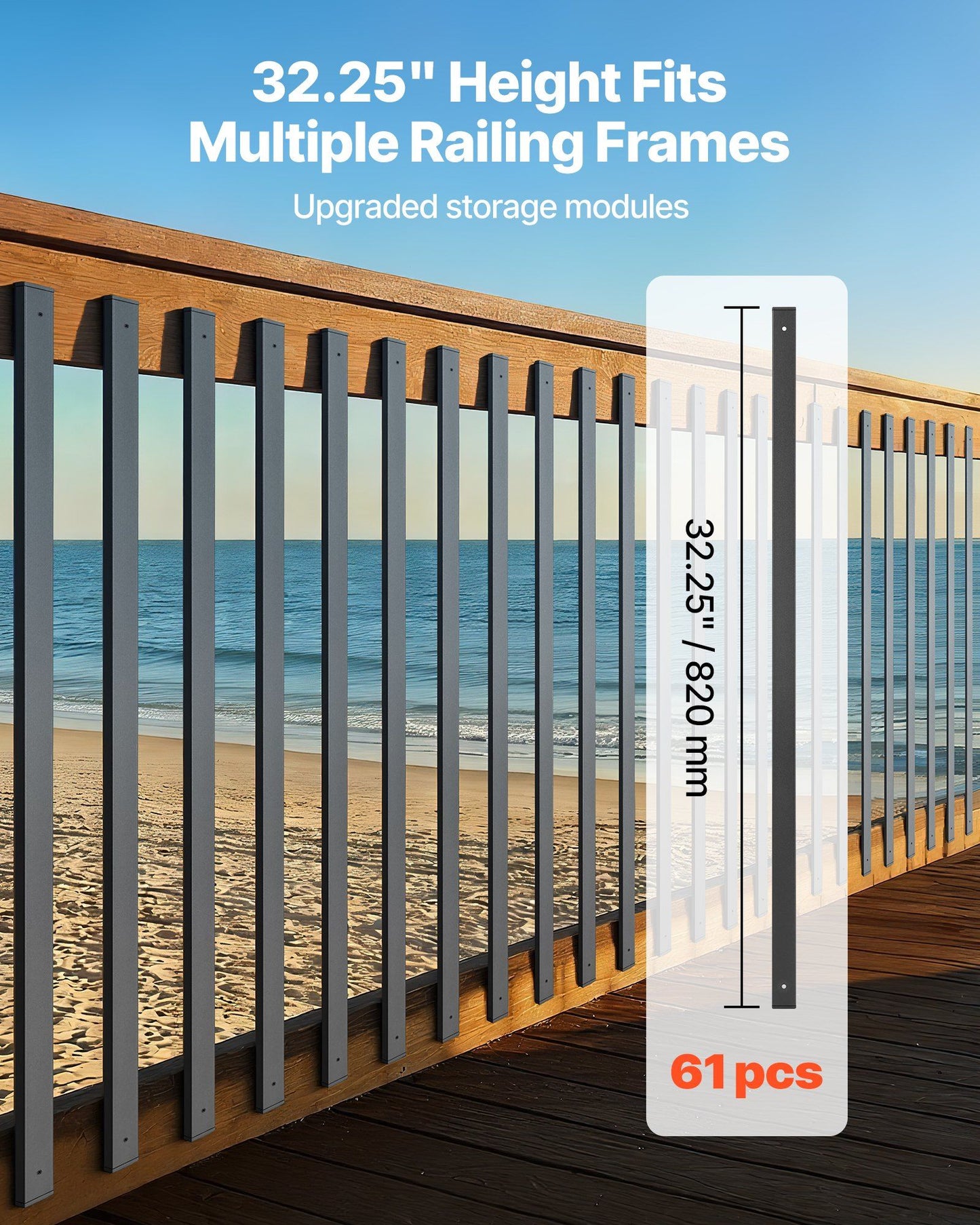61 Pack Deck Balusters, 82 cm Galvanized Steel Railing Spindles, Hollow Rectangle Metal Decking Stair V952-BPKLGZT61G328HWPY001V0