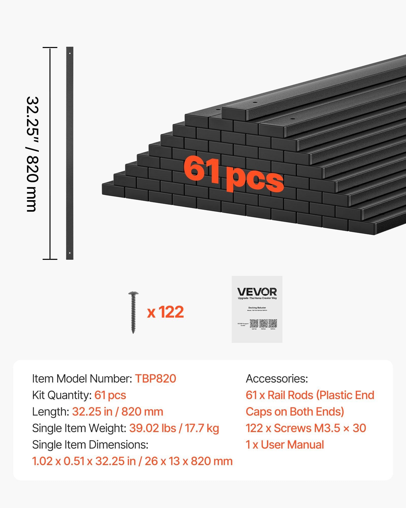 61 Pack Deck Balusters, 82 cm Galvanized Steel Railing Spindles, Hollow Rectangle Metal Decking Stair V952-BPKLGZT61G328HWPY001V0