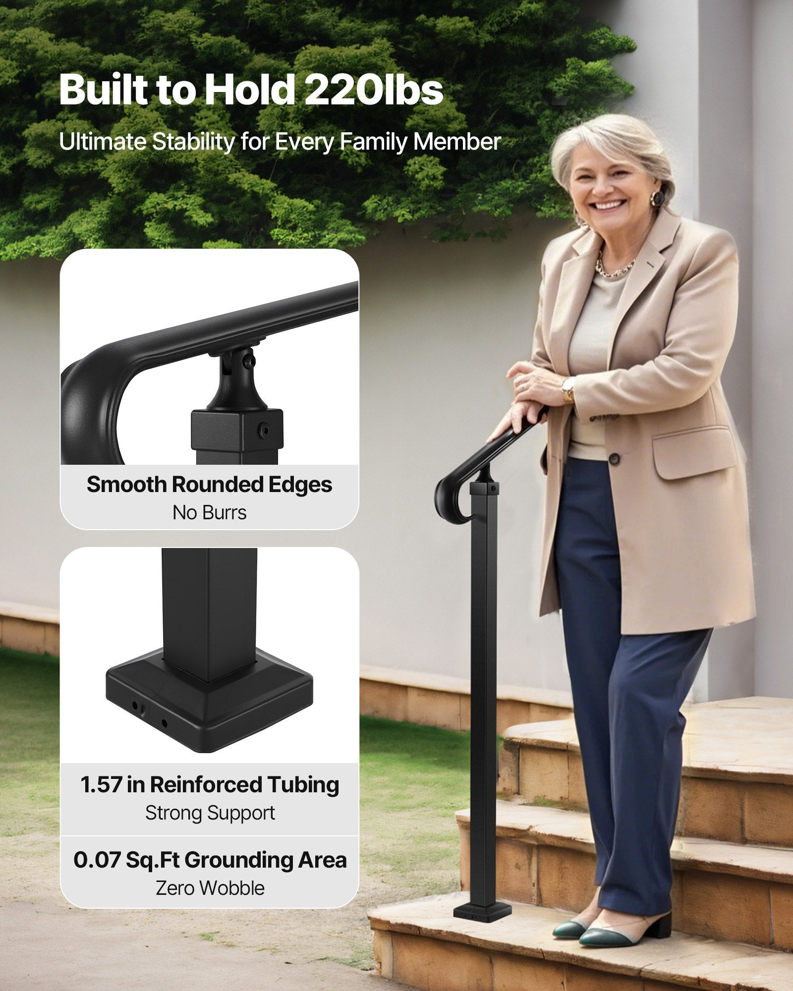 Handrails for Outdoor Steps, 2-3 Step Adjustable Height, Carbon Steel Transitional Handrail with Installation V952-BPSLZFSHS23BVBIXQ001V0