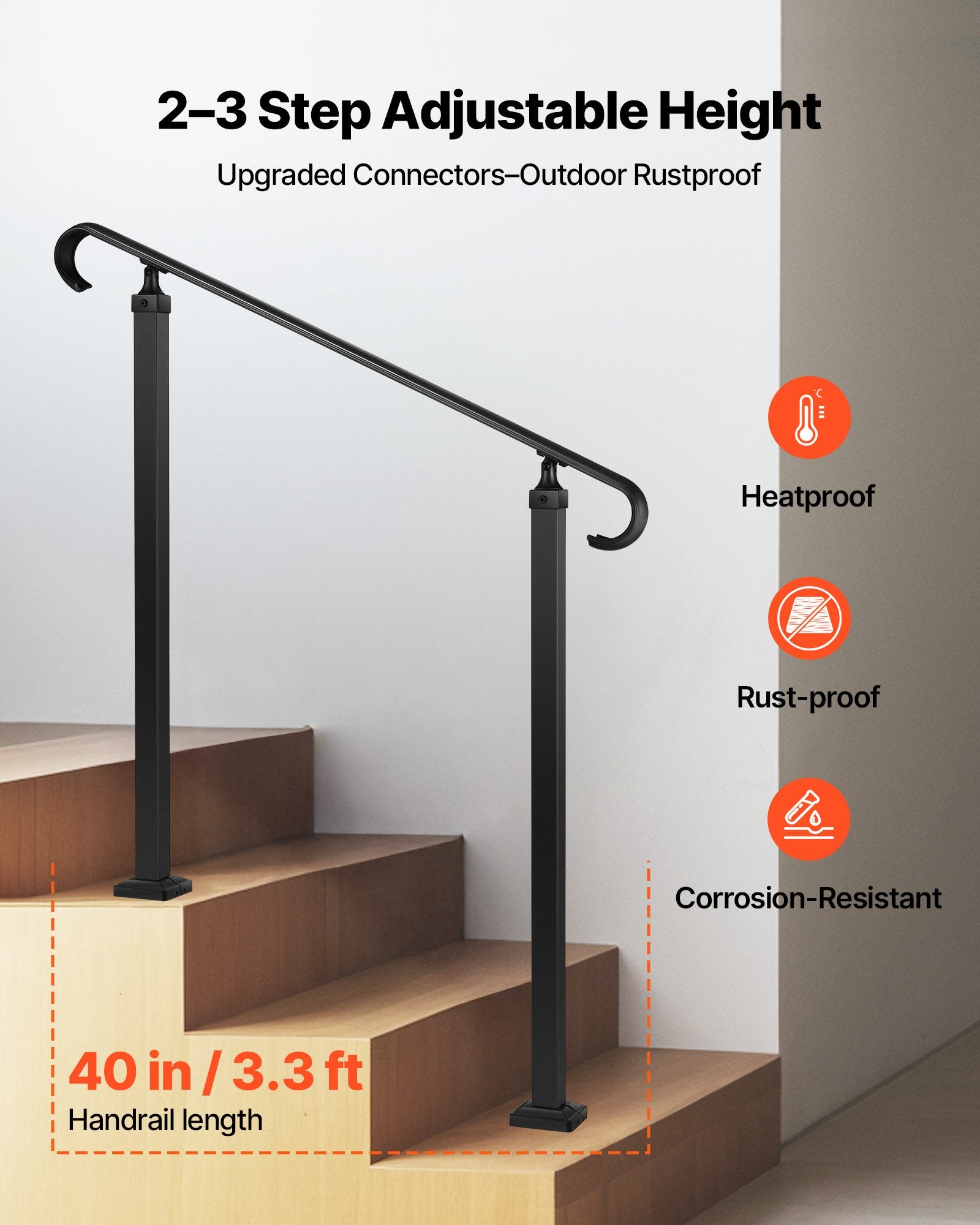 Handrails for Outdoor Steps, 2-3 Step Adjustable Height, Carbon Steel Transitional Handrail with Installation V952-BPSLZFSHS23BVBIXQ001V0