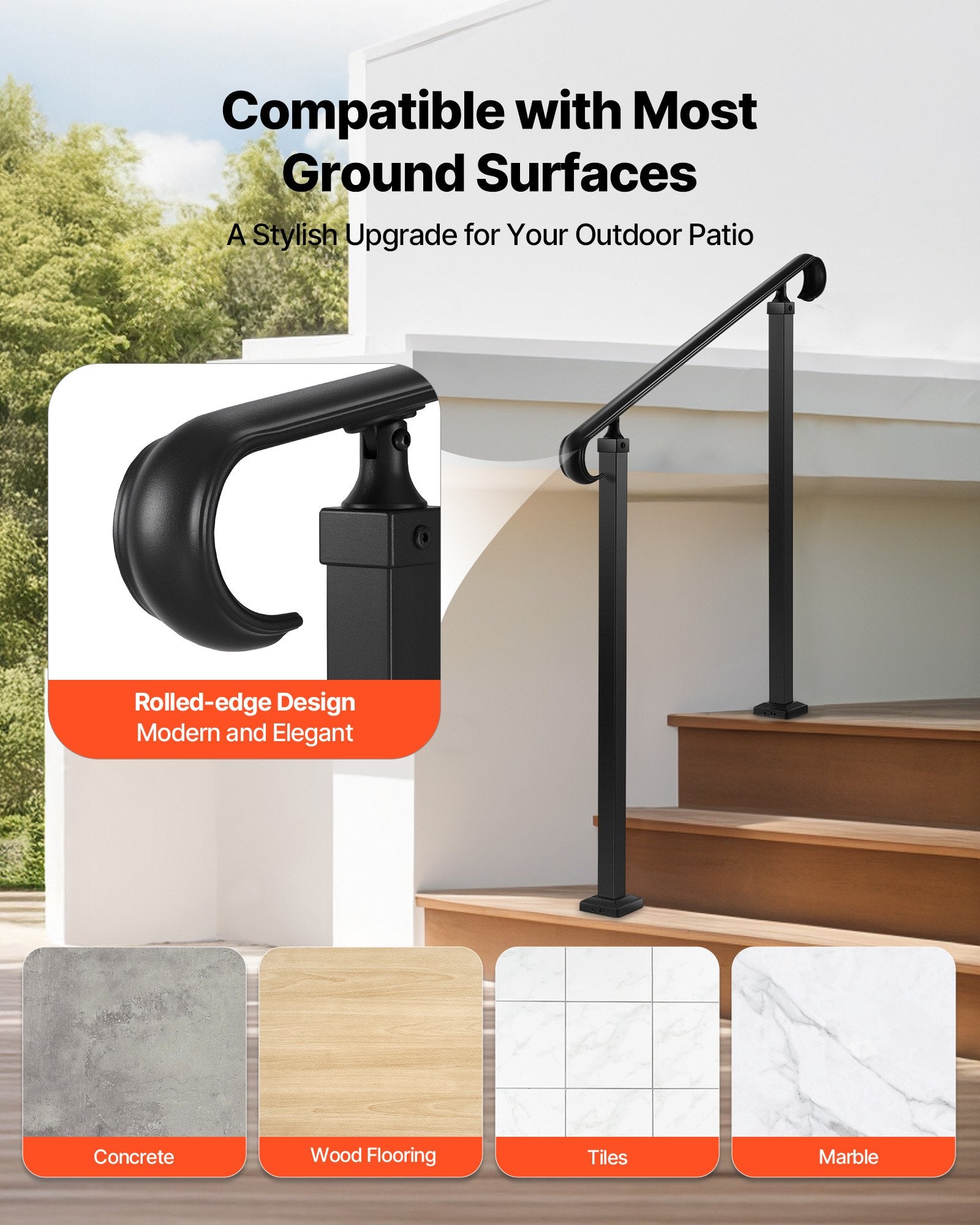Handrails for Outdoor Steps, 2-3 Step Adjustable Height, Carbon Steel Transitional Handrail with Installation V952-BPSLZFSHS23BVBIXQ001V0