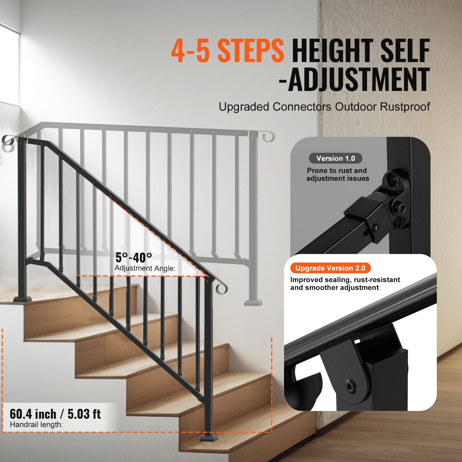 Handrails for Outdoor Steps, 5 Step Stair Hand Rail Kit, Transitional Carbon Steel Railings with Installation V952-BPXGMDZLSLZFDP9MRV0