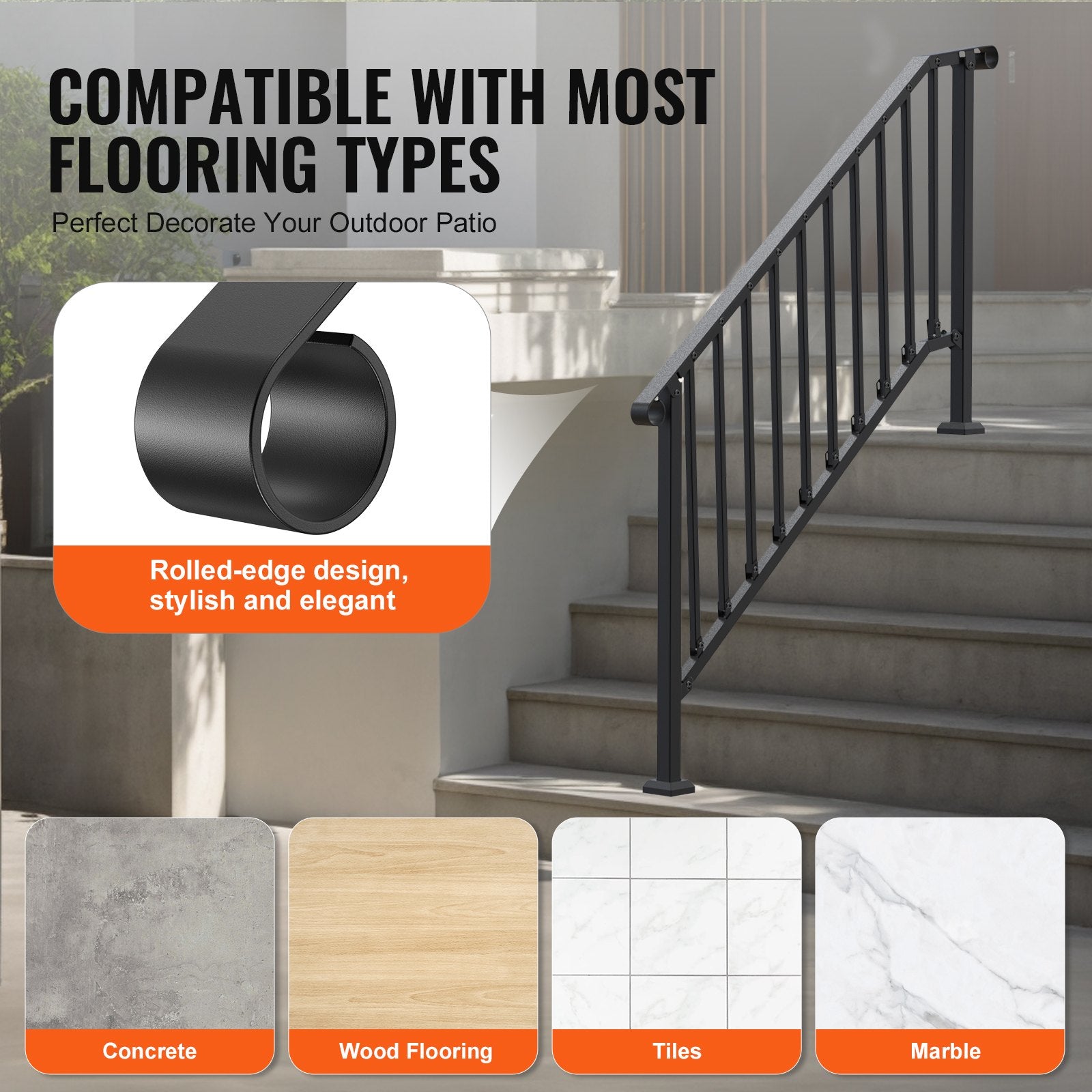 Handrails for Outdoor Steps, 5 Step Stair Hand Rail Kit, Transitional Carbon Steel Railings with Installation V952-BPXGMDZLSLZFDP9MRV0