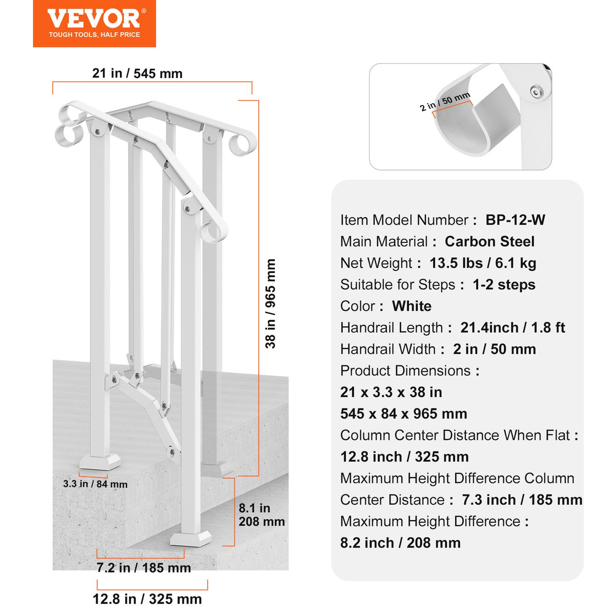 Handrails for Outdoor Steps, 1-2 Step Stair Hand Rail Kit, Transitional Carbon Steel Railings with V952-BPXGMDZLSLZFKGS2YV0