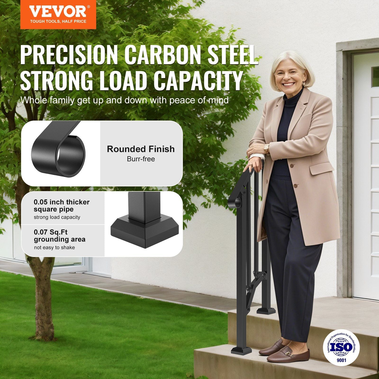 Handrails for Outdoor Steps, 1-2 Step Stair Hand Rail Kit, Transitional Carbon Steel Railings with V952-BPXGMDZLSLZFZ28P2V0
