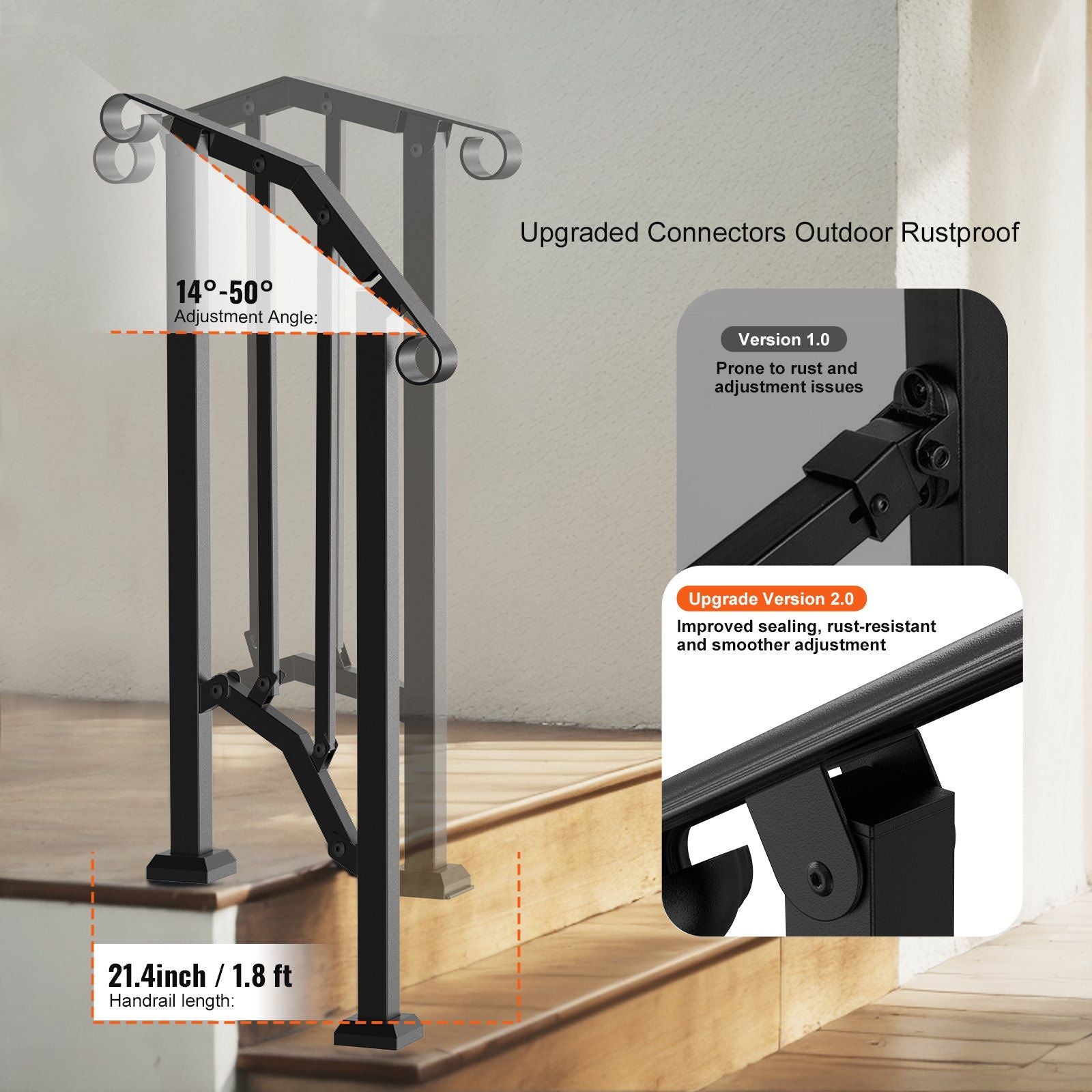 Handrails for Outdoor Steps, 1-2 Step Stair Hand Rail Kit, Transitional Carbon Steel Railings with V952-BPXGMDZLSLZFZ28P2V0