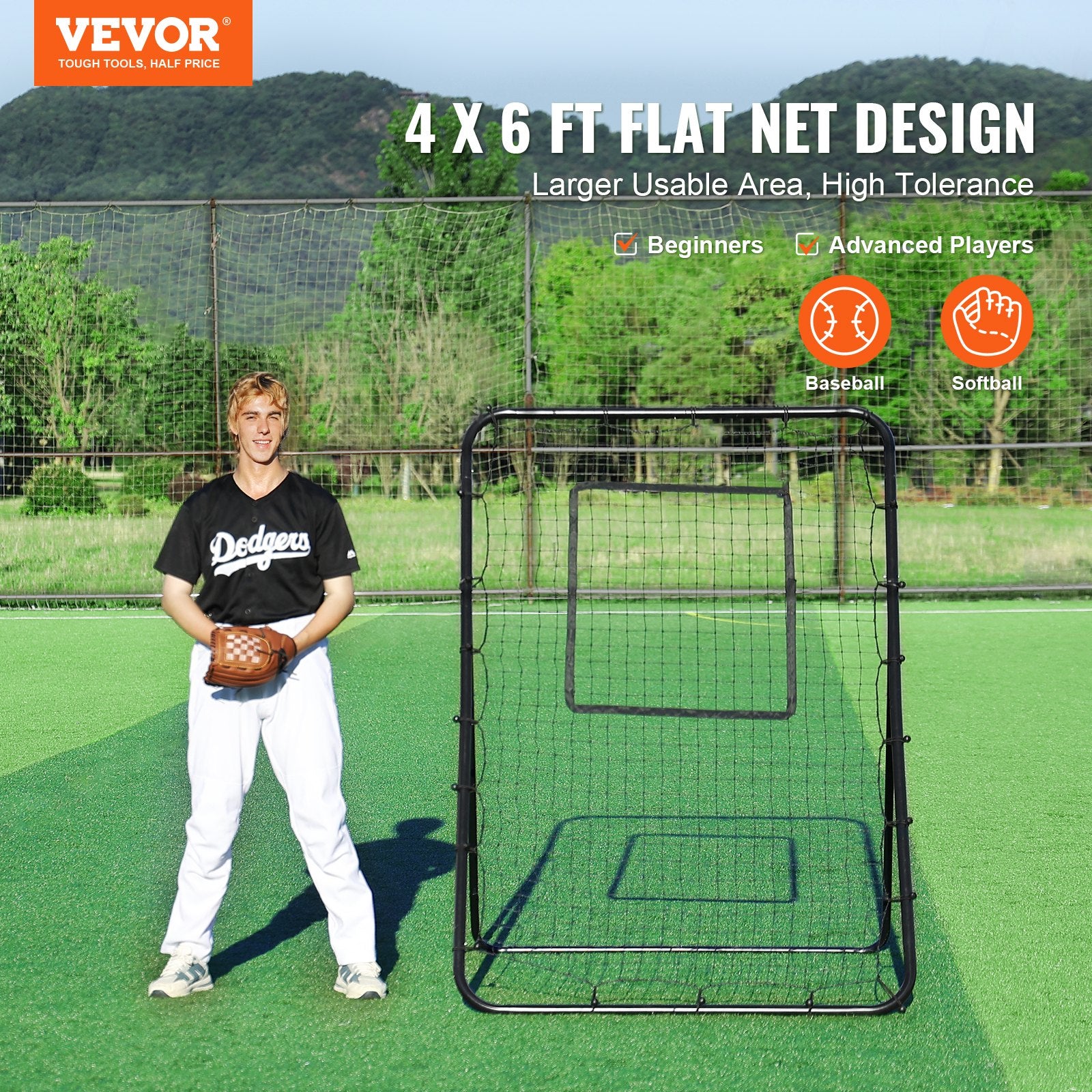 Baseball And Softball Rebounder Net, 4 x 6 Feet PitchBack Baseball Nest for Pitching and Fielding Training, V952-BQHDWPWJDKD4HE1Z4V0
