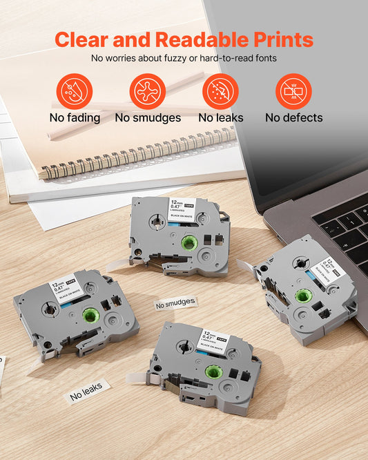 Label Maker Tape, 4 Pack, 0.47 in / 12 mm Black on White Label Maker Refills Compatible for Various Types of V952-BQJSDRZYBDHZZRJEN001V0