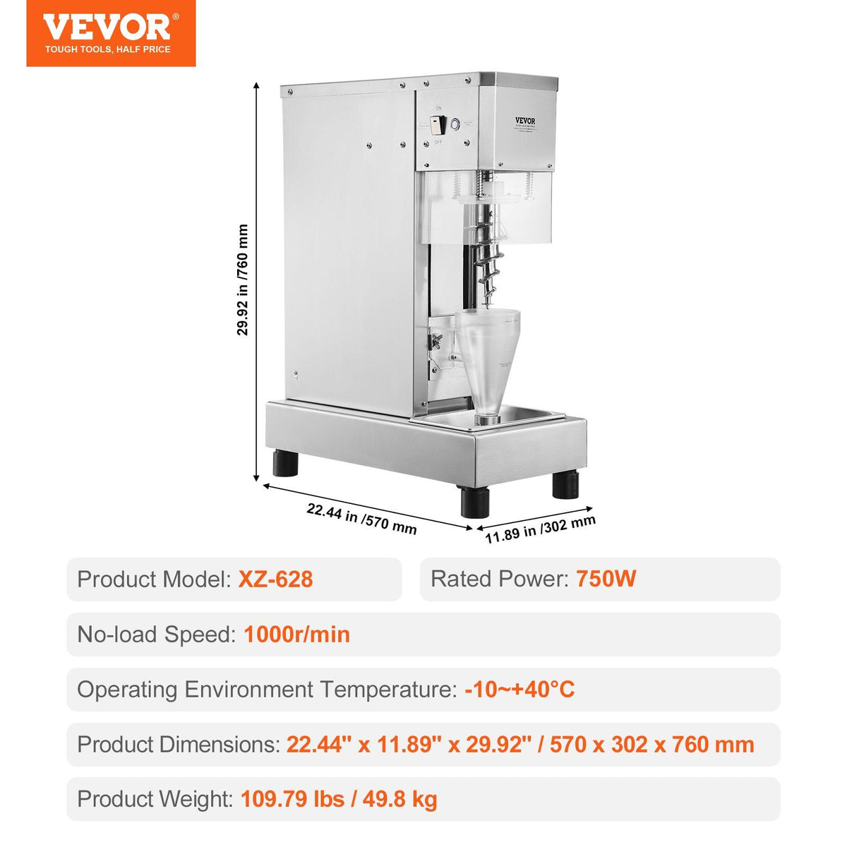 Ice Cream Blender, 750W High-Speed Ice Cream Maker Mixer Stir Machine 1740RPM, 304 Stainless Steel Ice Cream V952-BQLJBJBZL750YIE4AV3