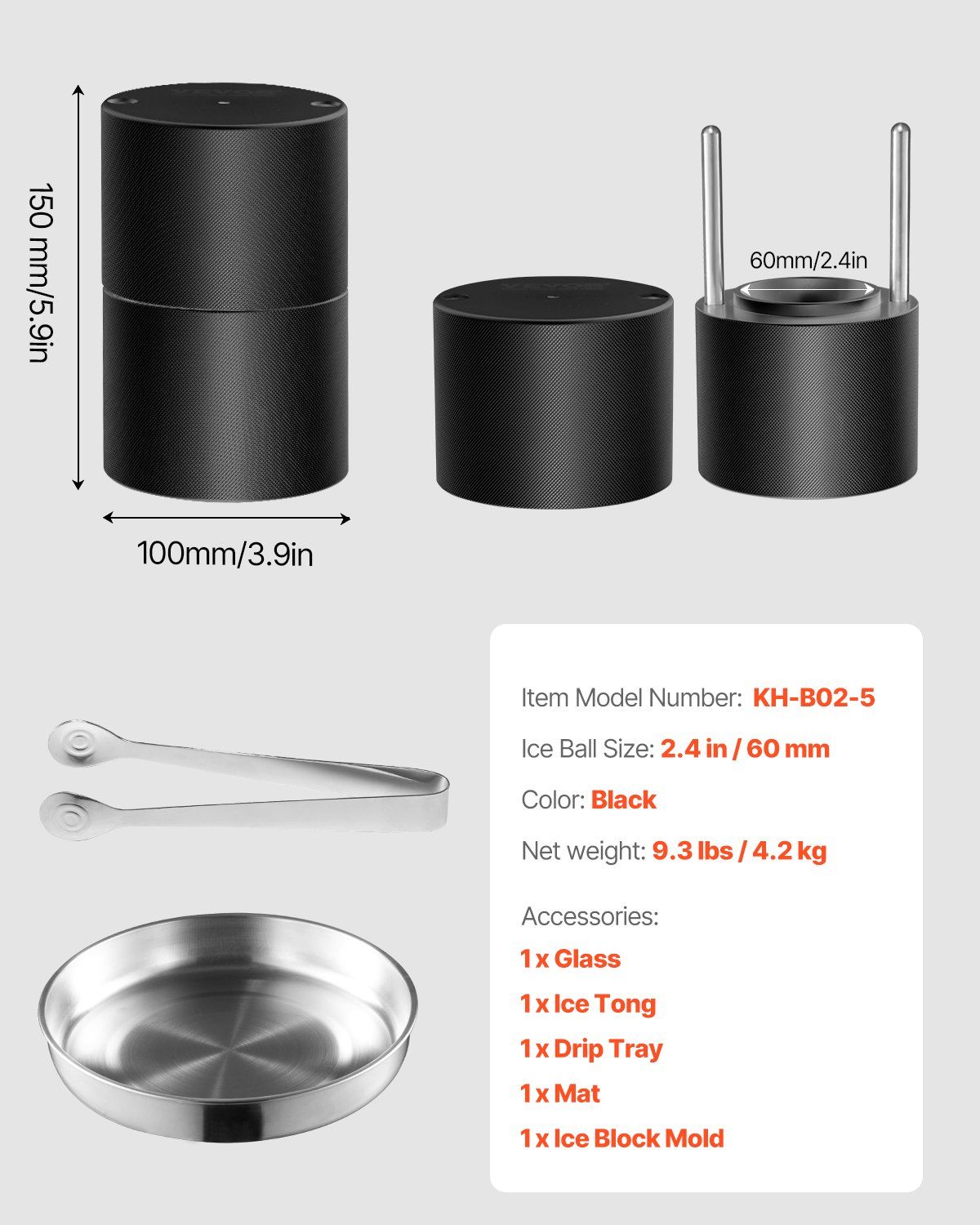 Ice Ball Press Kit, Aviation Aluminum Ice Press with Ice Block Mold, Large Mat, Tong, Drip Tray, One Glass, V952-BQYJHSLC60MME72PMV0