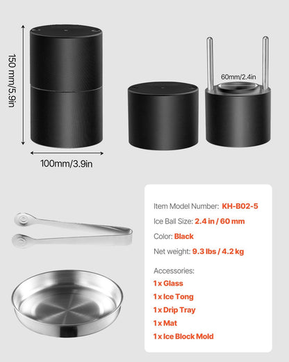 Ice Ball Press Kit, Aviation Aluminum Ice Press with Ice Block Mold, Large Mat, Tong, Drip Tray, One Glass, V952-BQYJHSLC60MME72PMV0